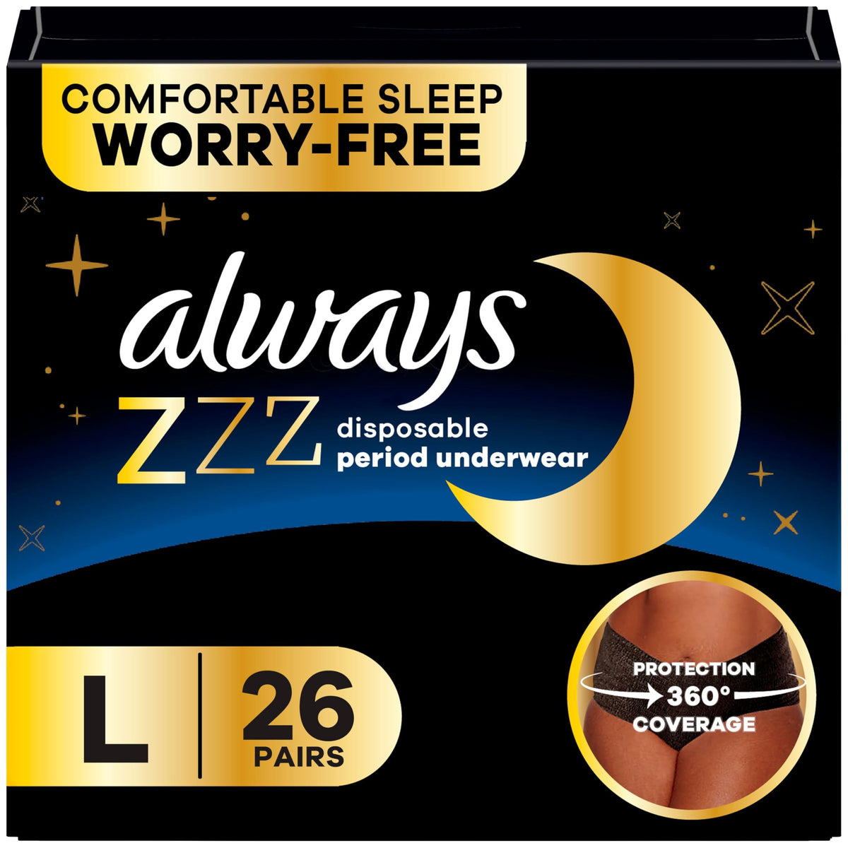 Always ZZZ Overnight Disposable Period Underwear for Women Extra Large/2LX, 360° Coverage for Worry-Free Nights, 14 Count (2 Packs of 7)