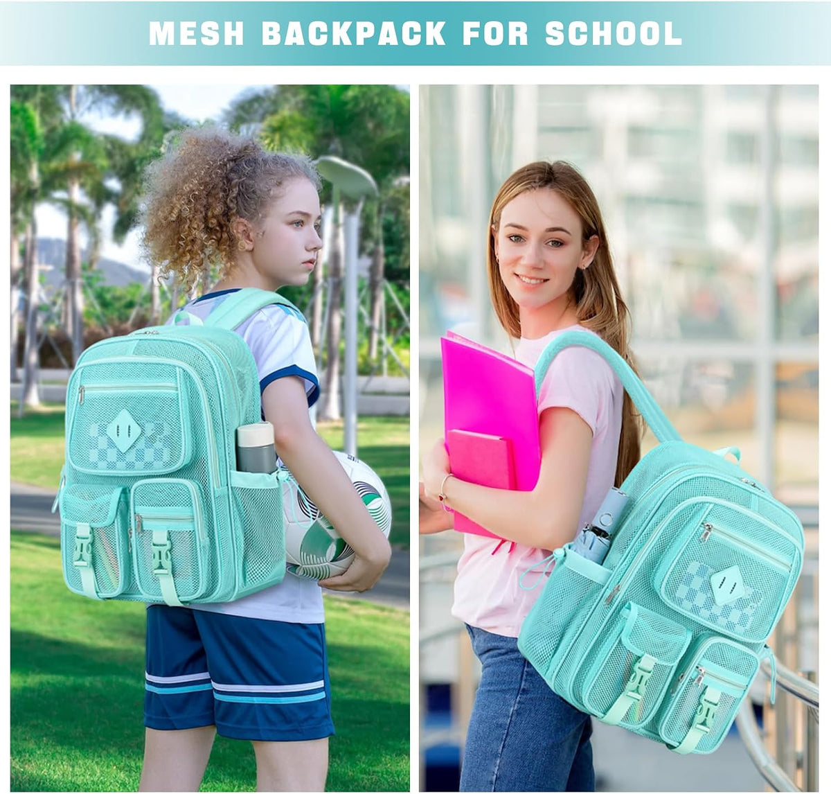 MOONBABY Mesh Backpack for School Heavy Duty See Through Net Bookbag Girls Boys Semi-Transparent Net Back Pack for Beach, Swimming, Sports, Work, Travel (Black)