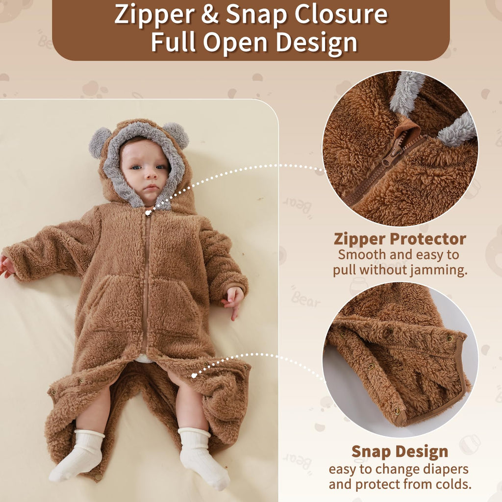 AiWMGL Newborn Baby Bear Outfit Suit With Fold-Over Mittens Footies Girls Boys Winter Fleece Clothes Hooded Romper Snowsuit