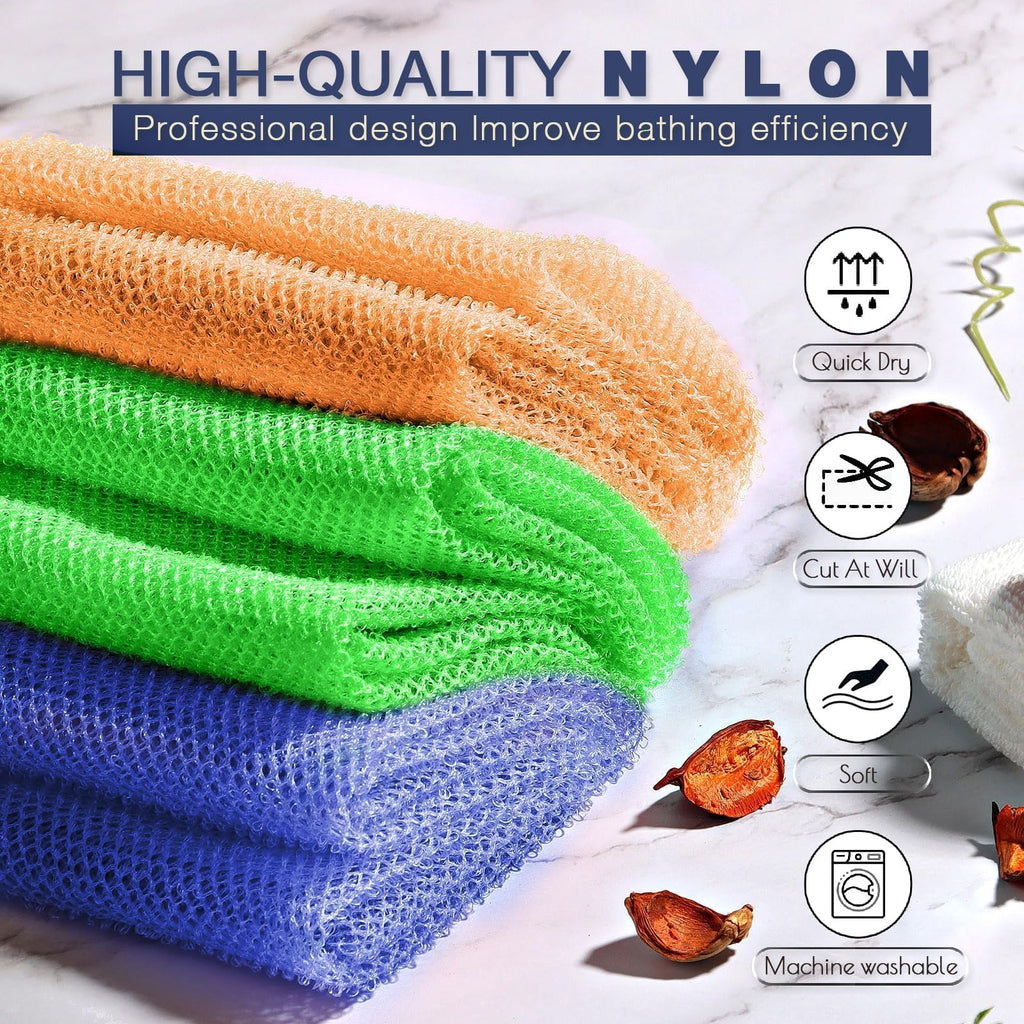 UJFQBH 3 Pack African Net Sponge, African Exfoliating Net Bath Sponge Long Net Bath Sponge Exfoliating Shower Body Scrubber Back Scrubber Skin Smoother,Great for Daily Use (Pink,Yellow,Purple)