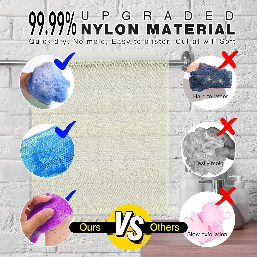 UJFQBH 3 Pack African Net Sponge, African Exfoliating Net Bath Sponge Long Net Bath Sponge Exfoliating Shower Body Scrubber Back Scrubber Skin Smoother,Great for Daily Use (Pink,Yellow,Purple)
