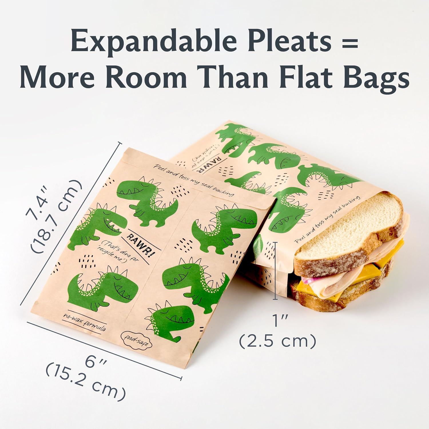 Stasher Recyclable Sealable Paper Sandwich Bags for Kids, 50 ct, Dino | Food Storage, Kraft Paper, Brown Paper Bags, FSC Certified, Food Safe, Eco-friendly, Snacks, Expandable, Made in the USA
