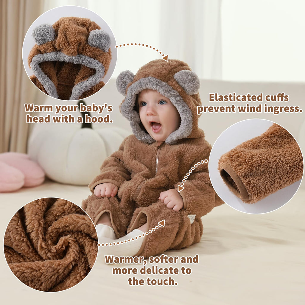 AiWMGL Newborn Baby Bear Outfit Suit With Fold-Over Mittens Footies Girls Boys Winter Fleece Clothes Hooded Romper Snowsuit