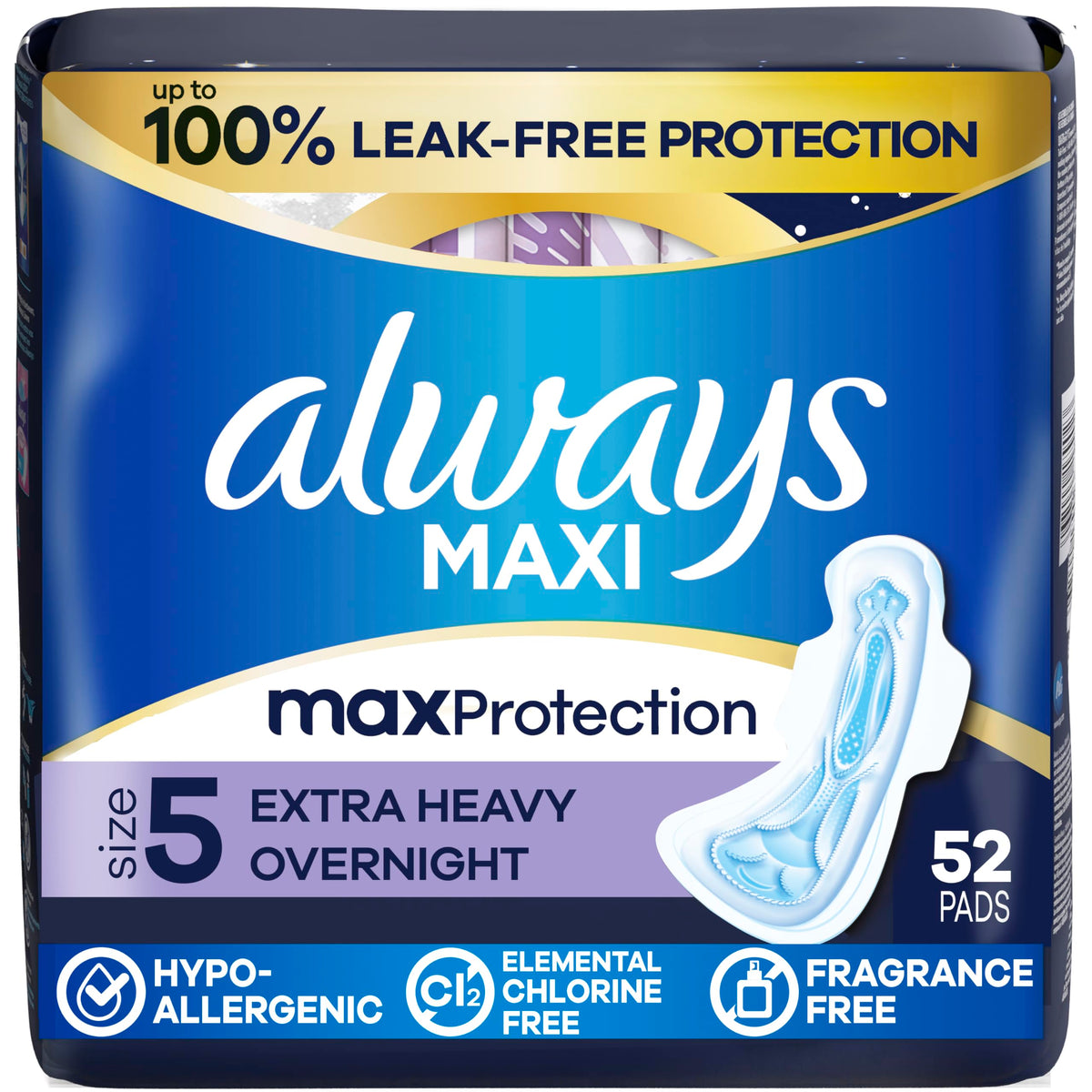 Always Maxi Overnight Pads with Wings for Women, Size 5, Extra Heavy Overnight Absorbency, Unscented, 36 Count