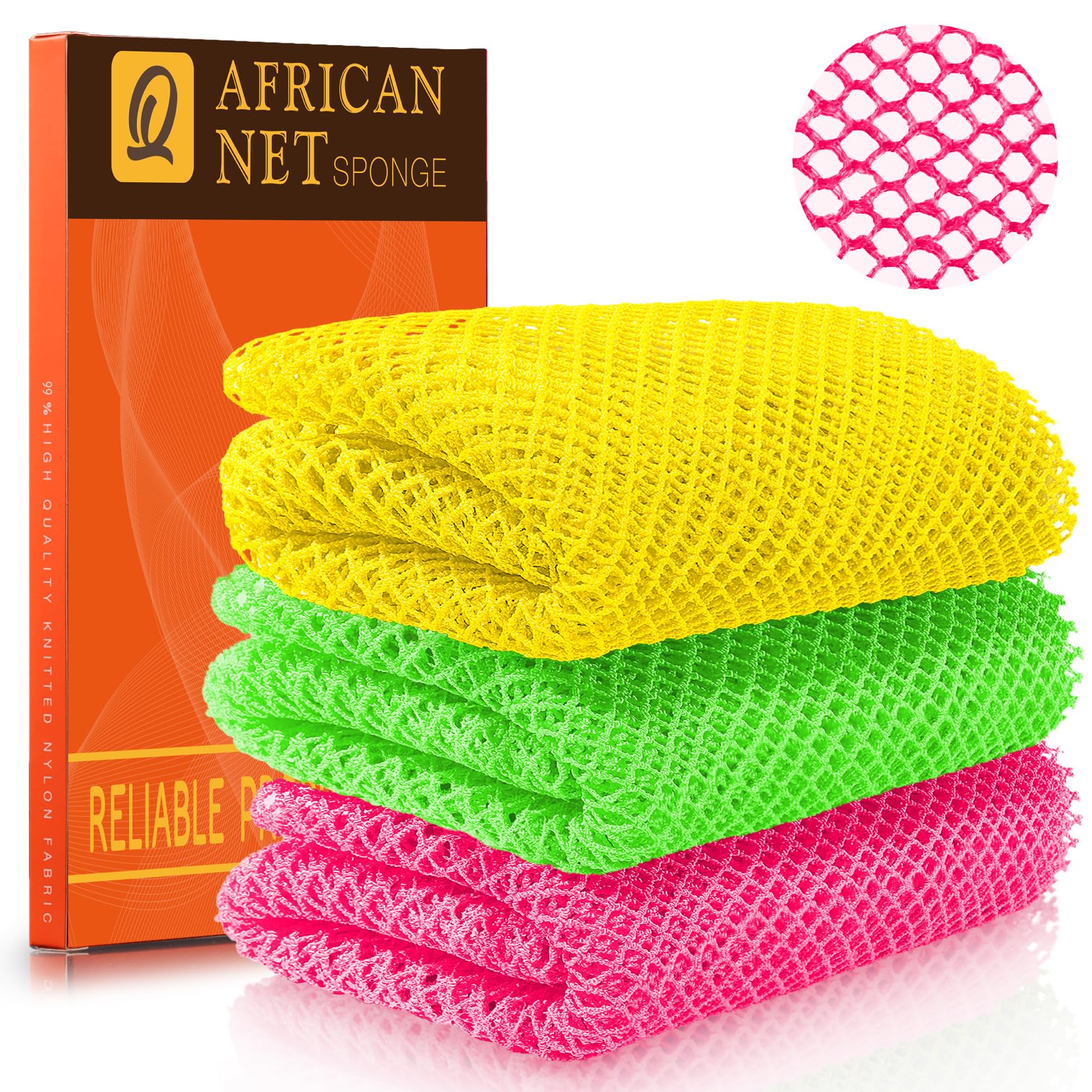 UJFQBH 3 Pack African Net Sponge, African Exfoliating Net Bath Sponge Long Net Bath Sponge Exfoliating Shower Body Scrubber Back Scrubber Skin Smoother,Great for Daily Use (Pink,Yellow,Purple)