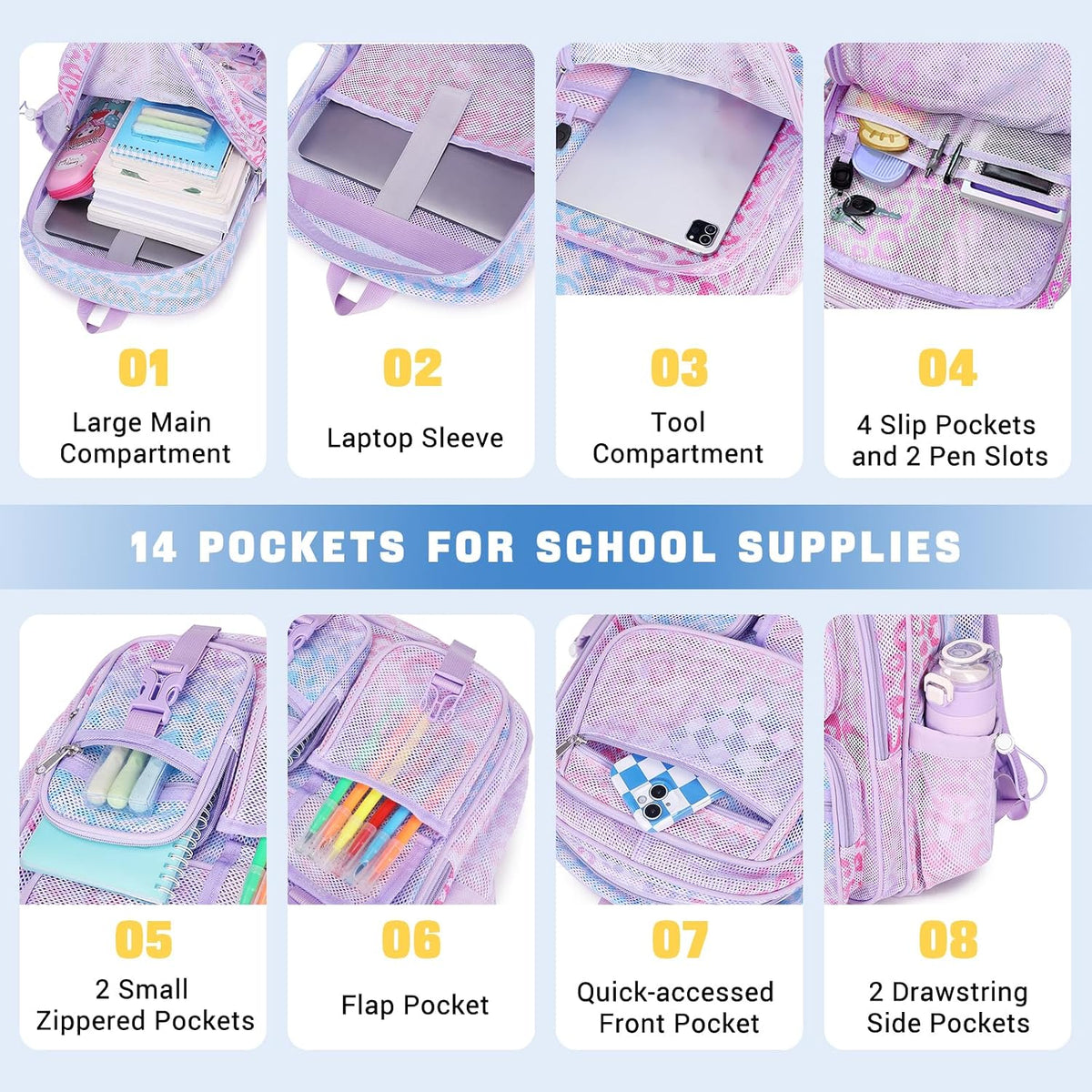 MOONBABY Mesh Backpack for School Heavy Duty See Through Net Bookbag Girls Boys Semi-Transparent Net Back Pack for Beach, Swimming, Sports, Work, Travel (Black)