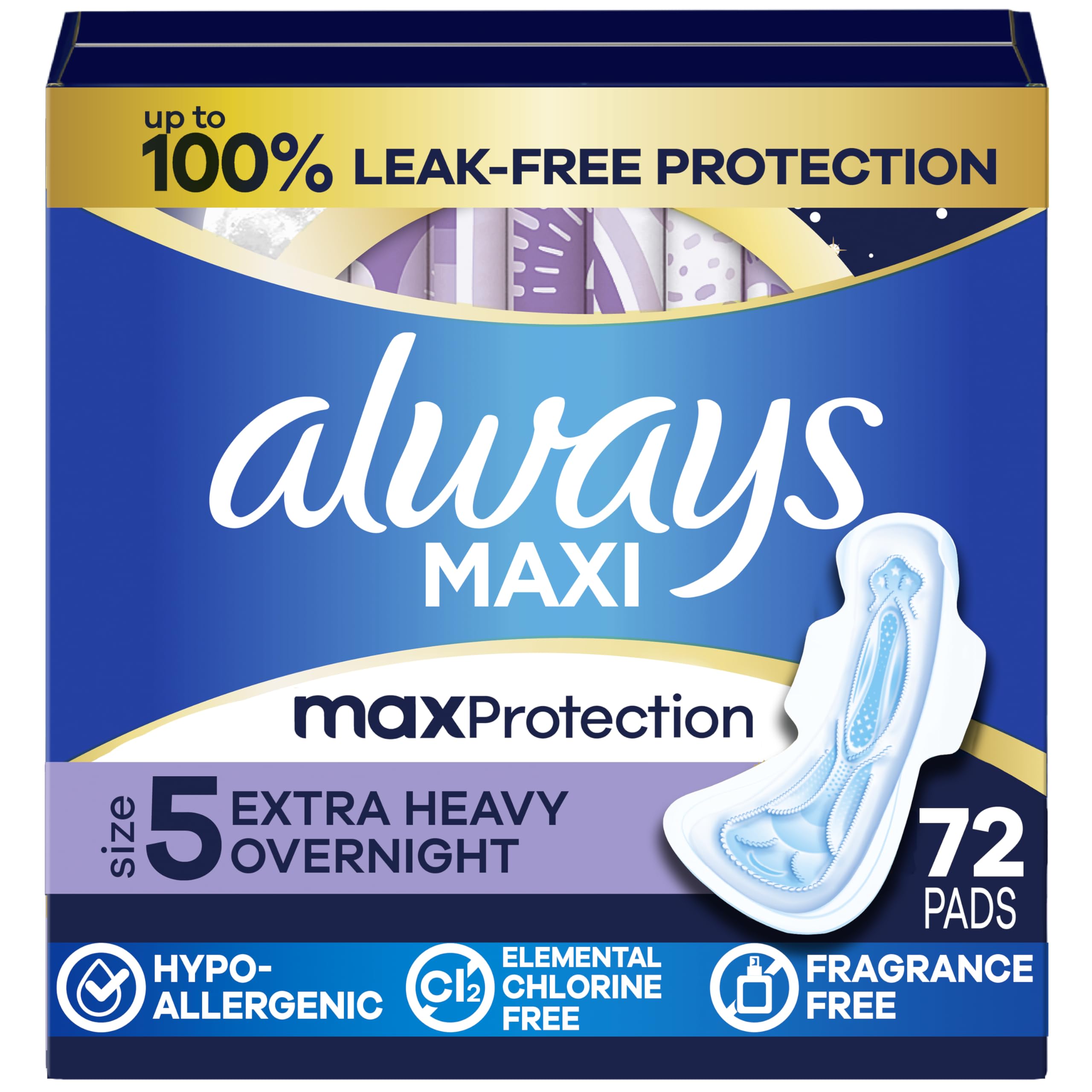 Always Maxi Overnight Pads with Wings for Women, Size 5, Extra Heavy Overnight Absorbency, Unscented, 36 Count