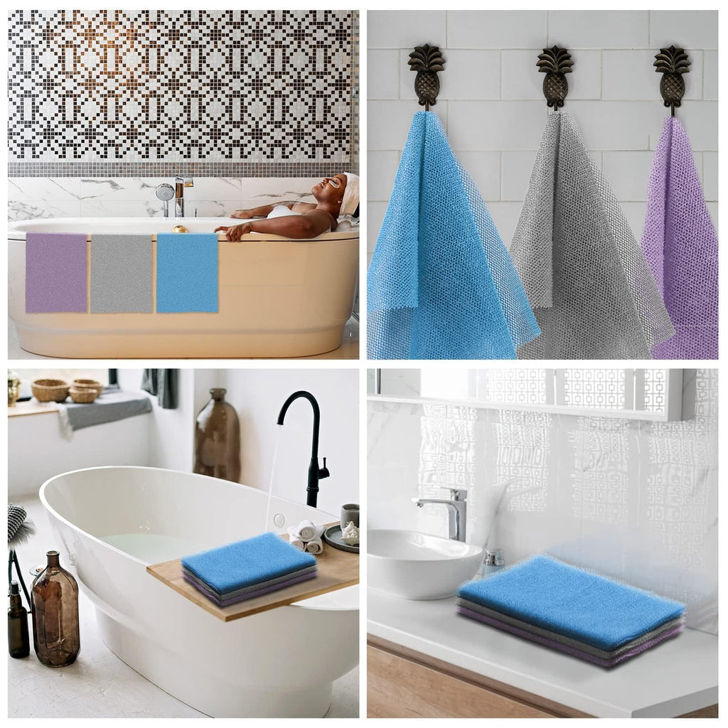 UJFQBH 3 Pack African Net Sponge, African Exfoliating Net Bath Sponge Long Net Bath Sponge Exfoliating Shower Body Scrubber Back Scrubber Skin Smoother,Great for Daily Use (Pink,Yellow,Purple)