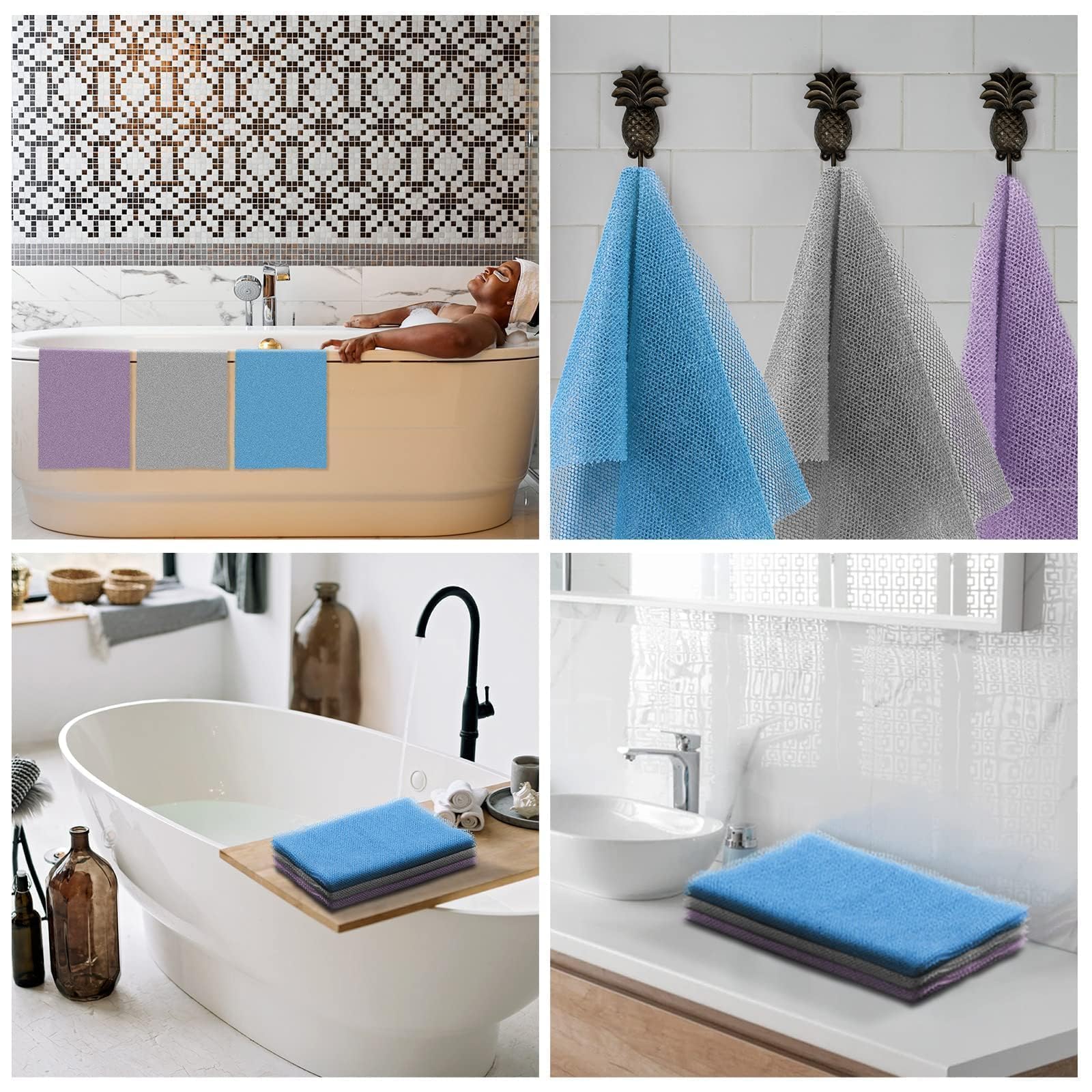 UJFQBH 3 Pack African Net Sponge, African Exfoliating Net Bath Sponge Long Net Bath Sponge Exfoliating Shower Body Scrubber Back Scrubber Skin Smoother,Great for Daily Use (Pink,Yellow,Purple)