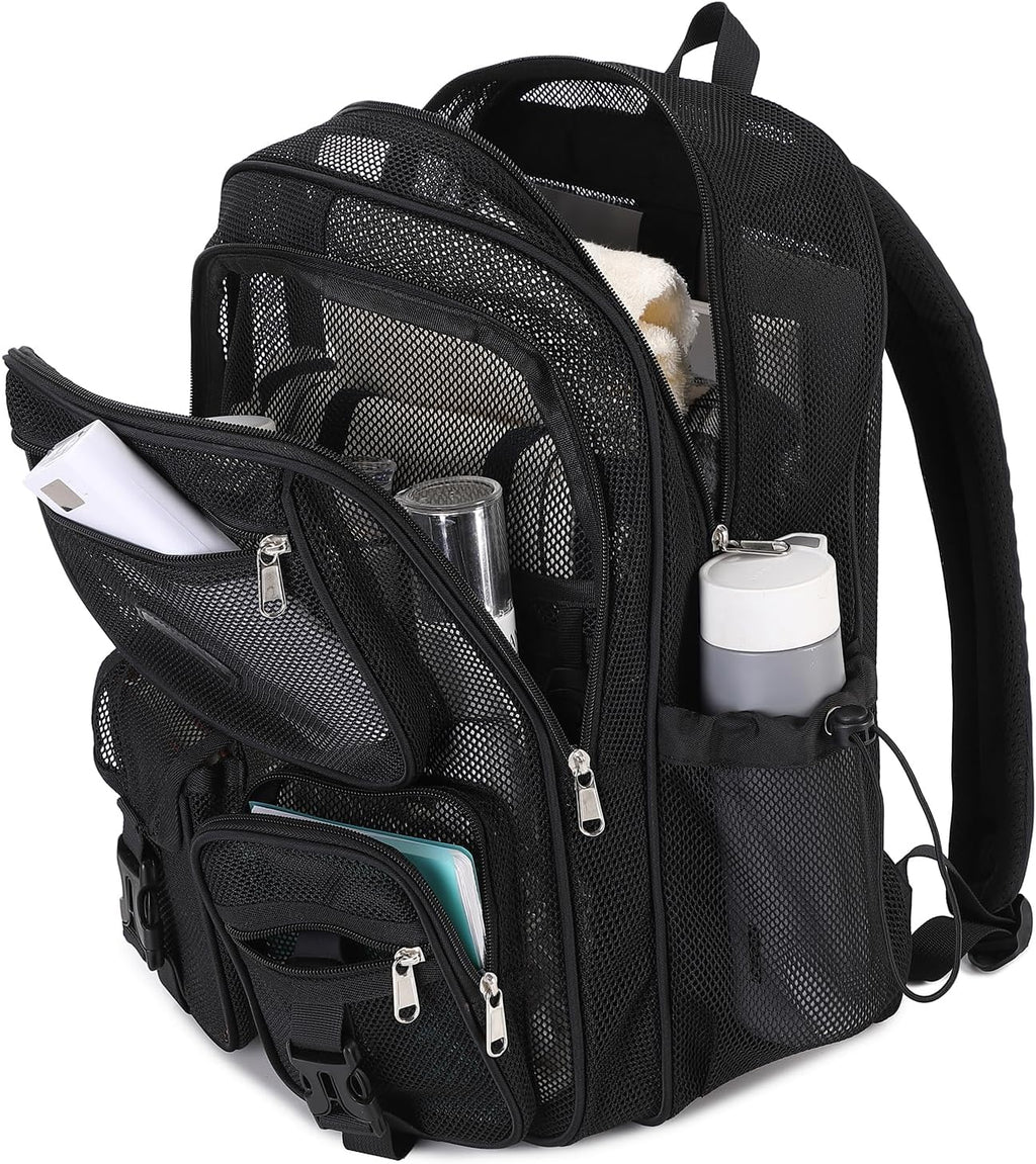 MOONBABY Mesh Backpack for School Heavy Duty See Through Net Bookbag Girls Boys Semi-Transparent Net Back Pack for Beach, Swimming, Sports, Work, Travel (Black)