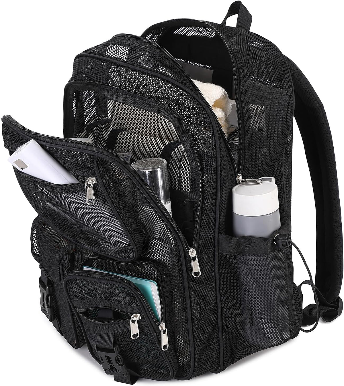 MOONBABY Mesh Backpack for School Heavy Duty See Through Net Bookbag Girls Boys Semi-Transparent Net Back Pack for Beach, Swimming, Sports, Work, Travel (Black)
