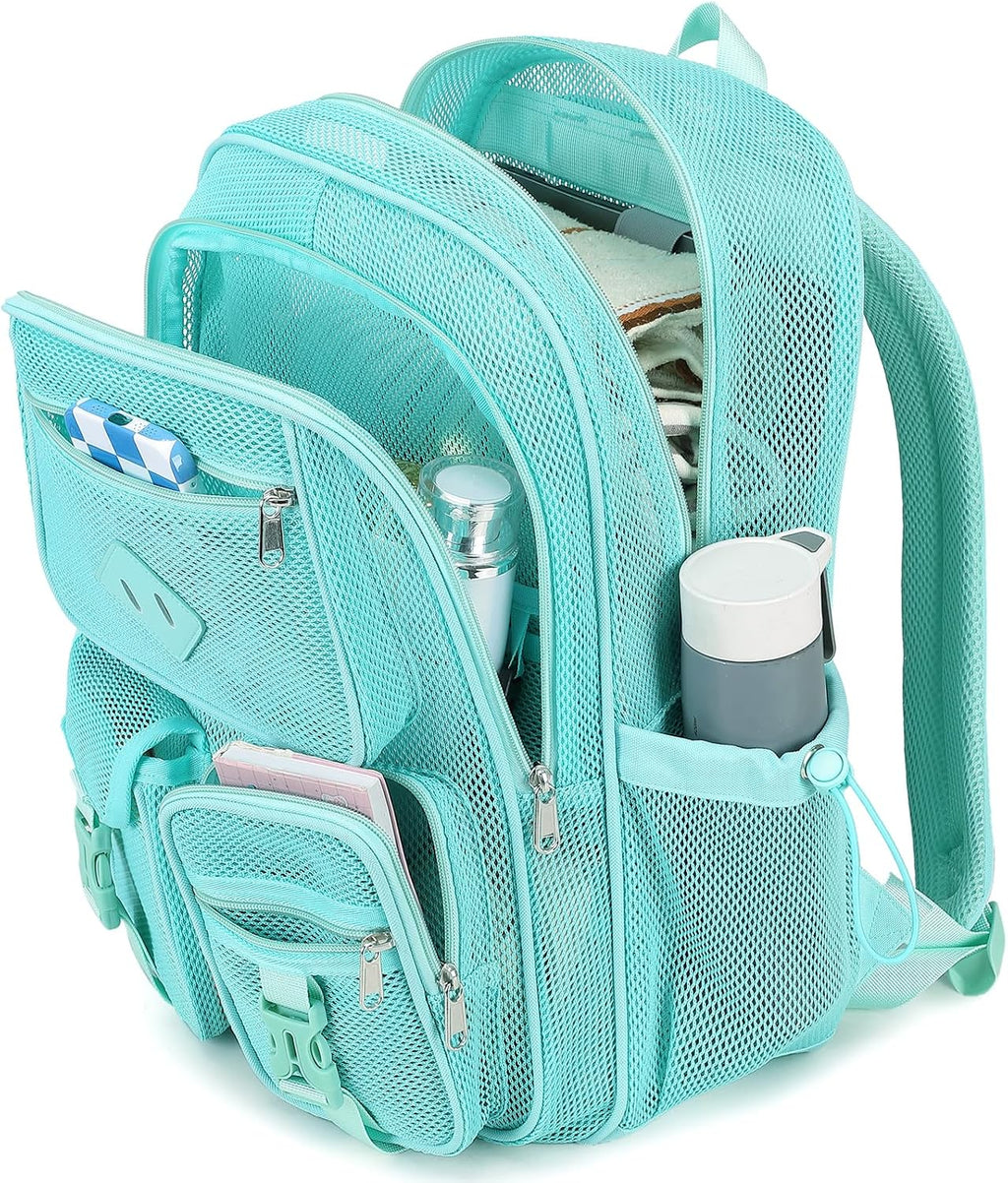MOONBABY Mesh Backpack for School Heavy Duty See Through Net Bookbag Girls Boys Semi-Transparent Net Back Pack for Beach, Swimming, Sports, Work, Travel (Black)