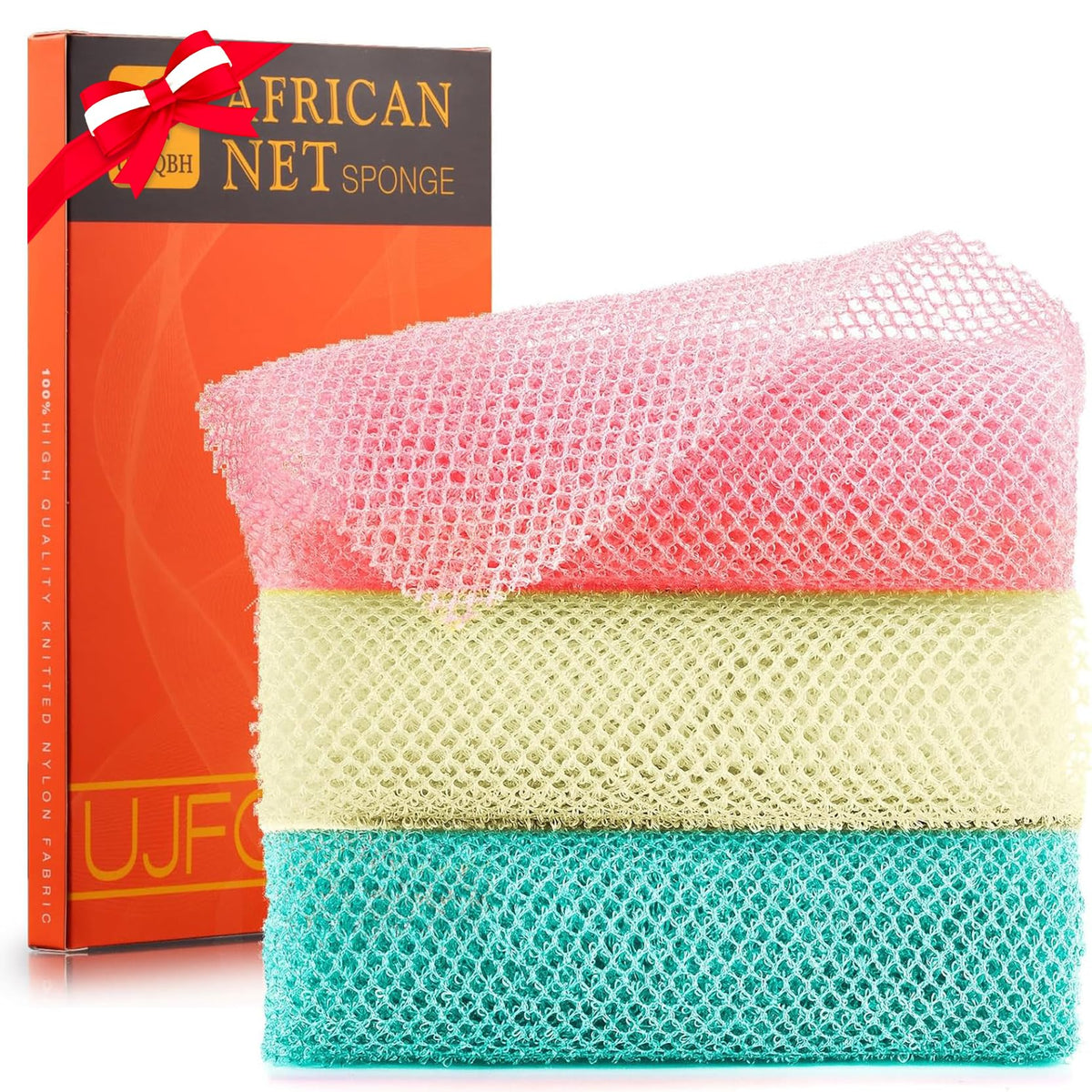 UJFQBH 3 Pack African Net Sponge, African Exfoliating Net Bath Sponge Long Net Bath Sponge Exfoliating Shower Body Scrubber Back Scrubber Skin Smoother,Great for Daily Use (Pink,Yellow,Purple)