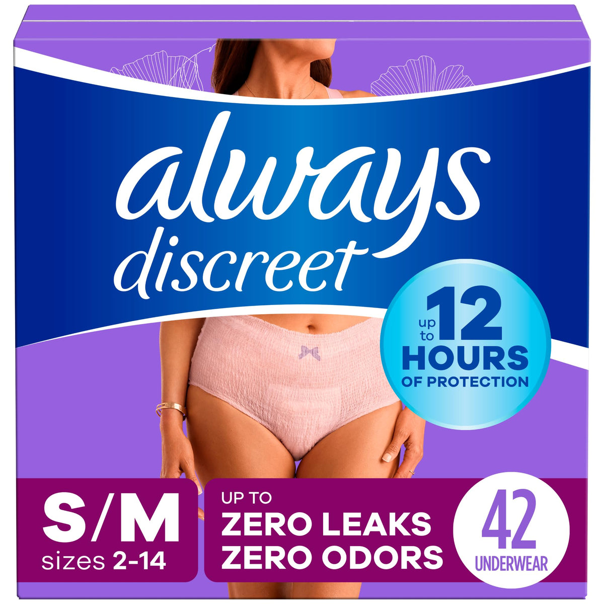 Always Discreet Adult Diapers for Women, Incontinence Underwear, Postpartum Essentials, Disposable Briefs, Max Absorbency, Bladder Leak Protection, Small/Medium, 32ct
