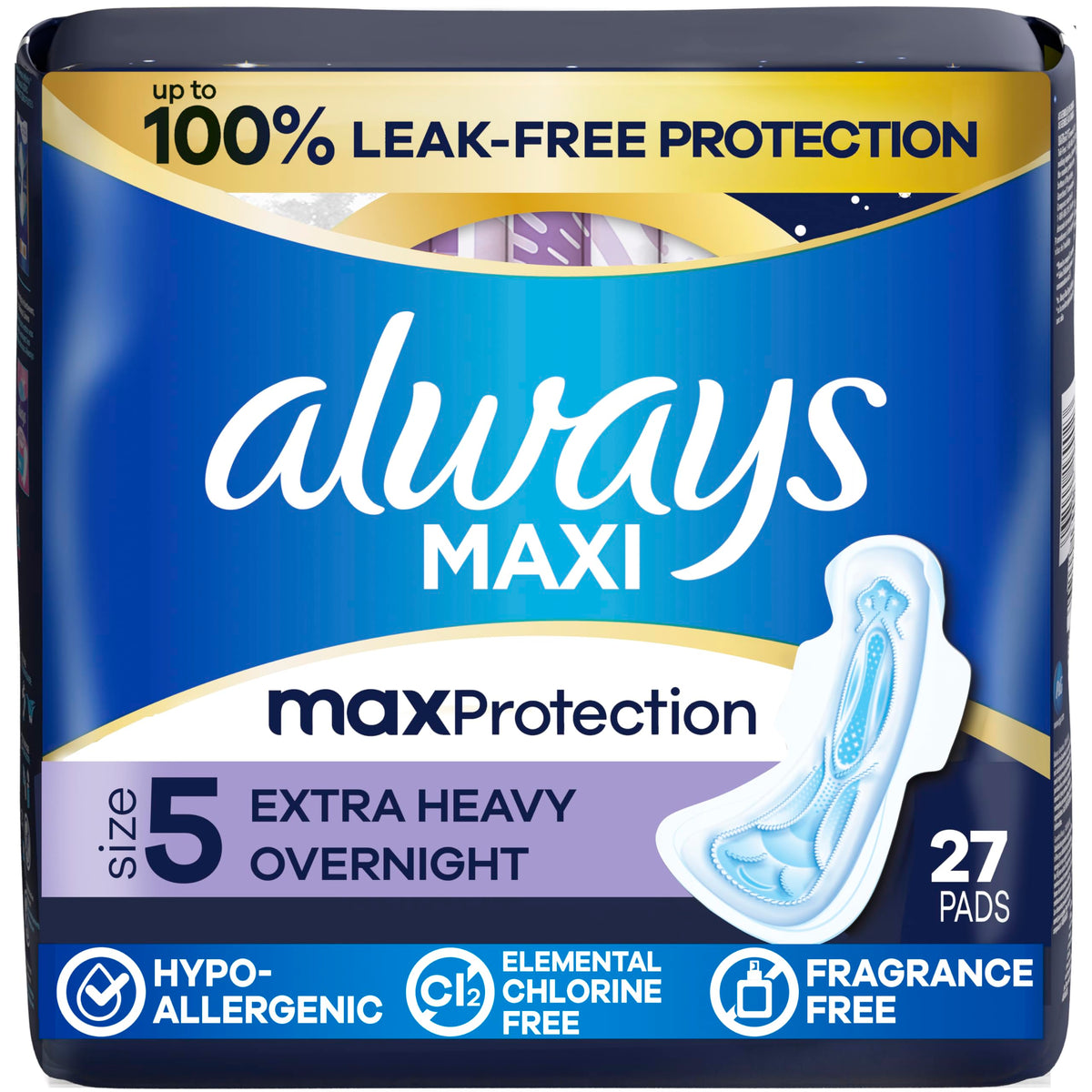Always Maxi Overnight Pads with Wings for Women, Size 5, Extra Heavy Overnight Absorbency, Unscented, 36 Count