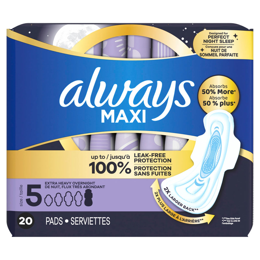 Always Maxi Overnight Pads with Wings for Women, Size 5, Extra Heavy Overnight Absorbency, Unscented, 36 Count