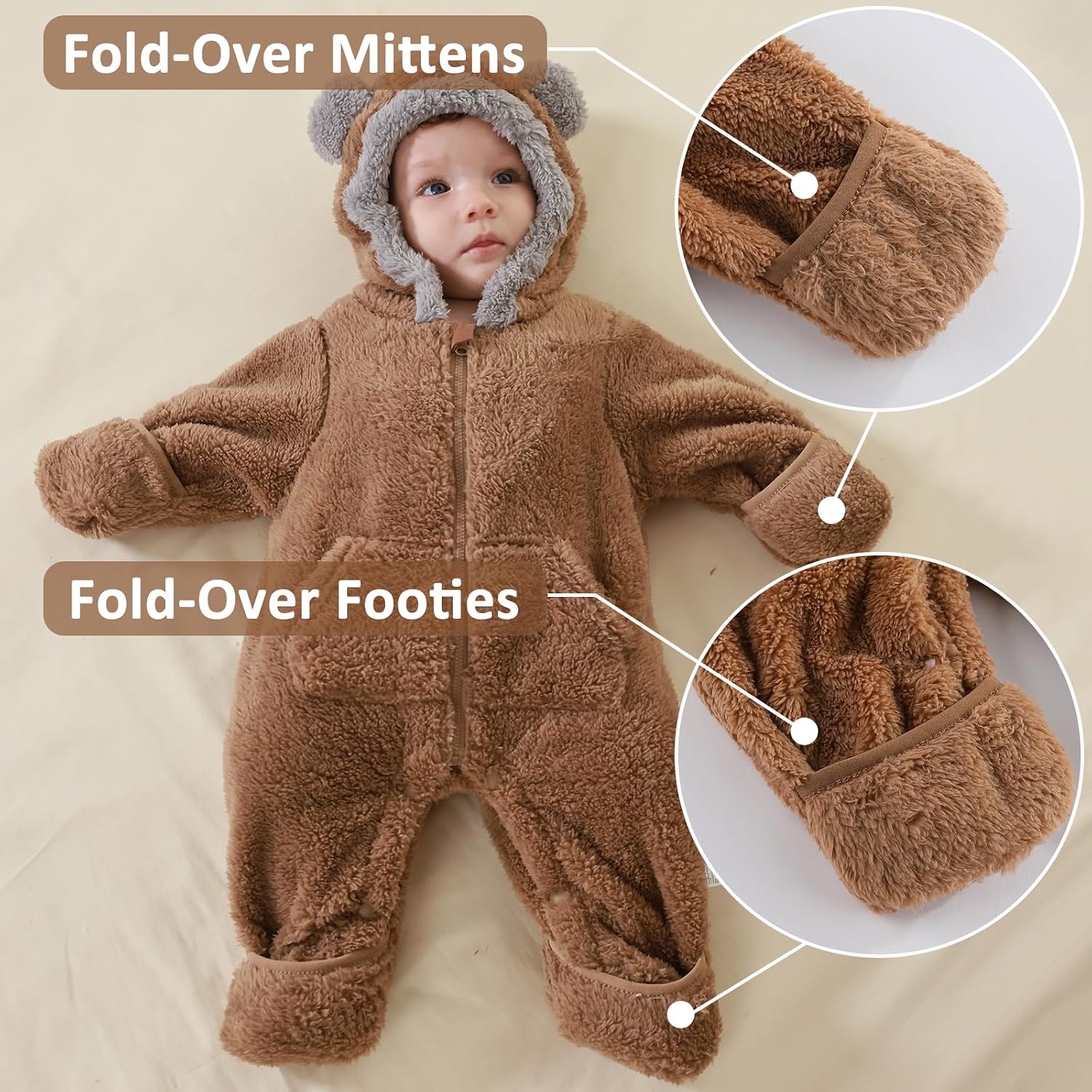 AiWMGL Newborn Baby Bear Outfit Suit With Fold-Over Mittens Footies Girls Boys Winter Fleece Clothes Hooded Romper Snowsuit