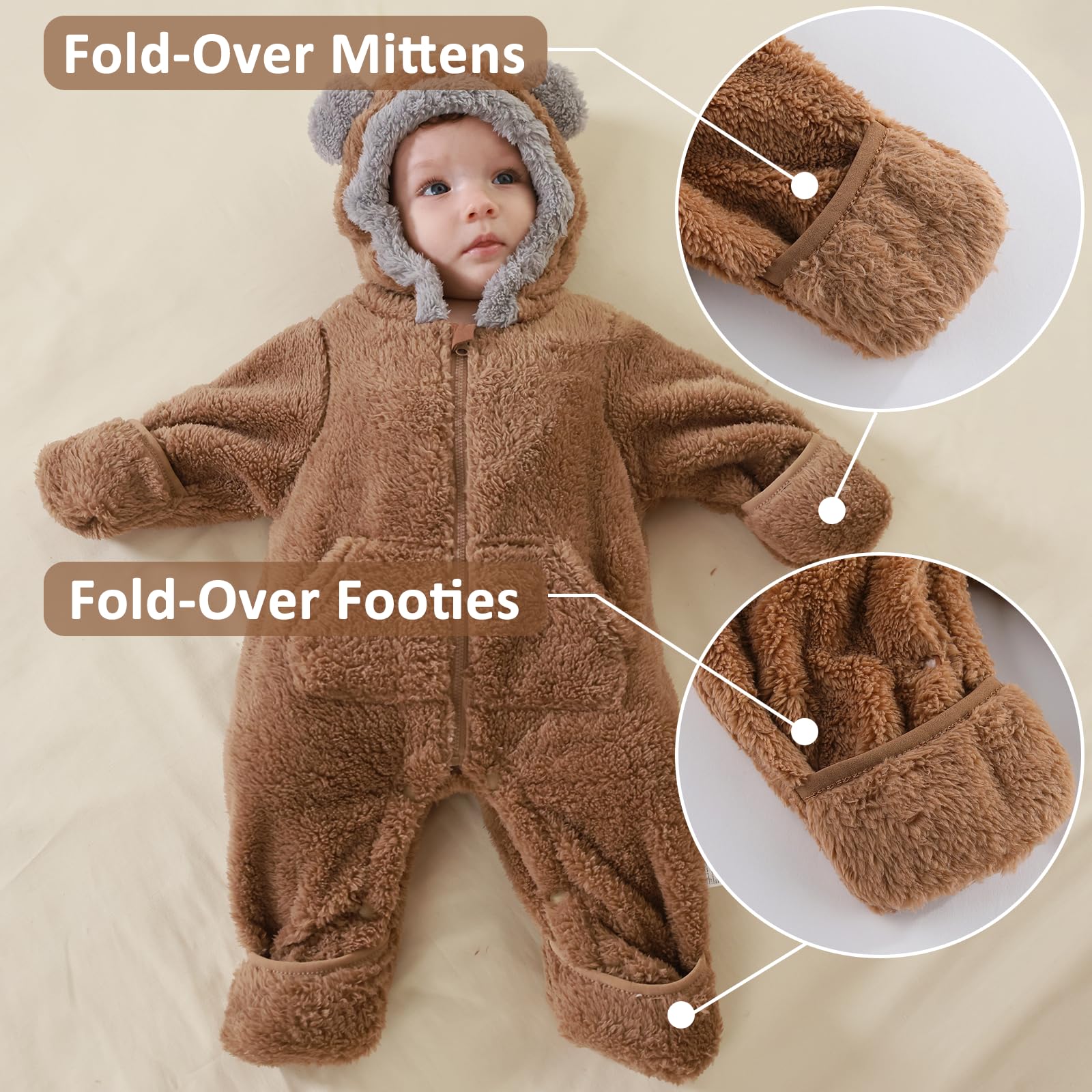 AiWMGL Newborn Baby Bear Outfit Suit With Fold-Over Mittens Footies Girls Boys Winter Fleece Clothes Hooded Romper Snowsuit
