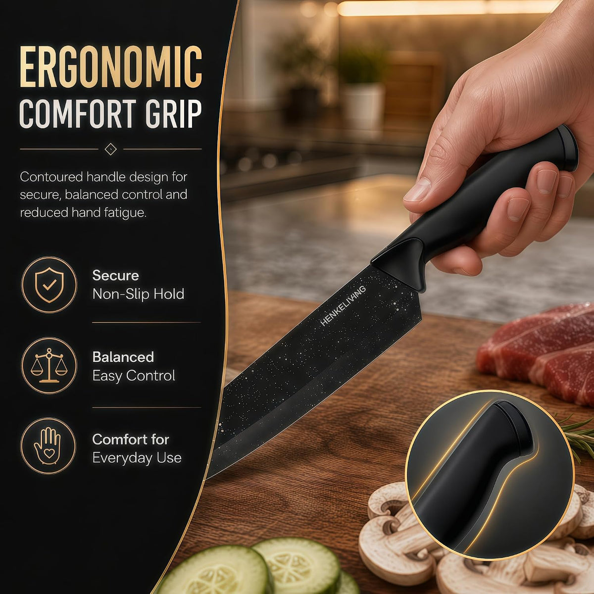 14-Piece Black Kitchen Knife Block Set with Built-In Sharpener | German high-carbon stainless steel blades, dishwasher safe, ultra-sharp edges, ergonomic non-slip handles