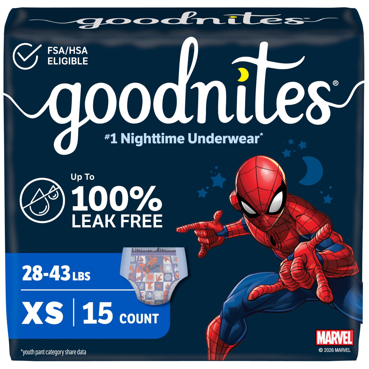 Goodnites Boys' Nighttime Bedwetting Underwear, Size Extra Small (28-43 lbs), 44 Ct (2 Packs of 22), Packaging May Vary