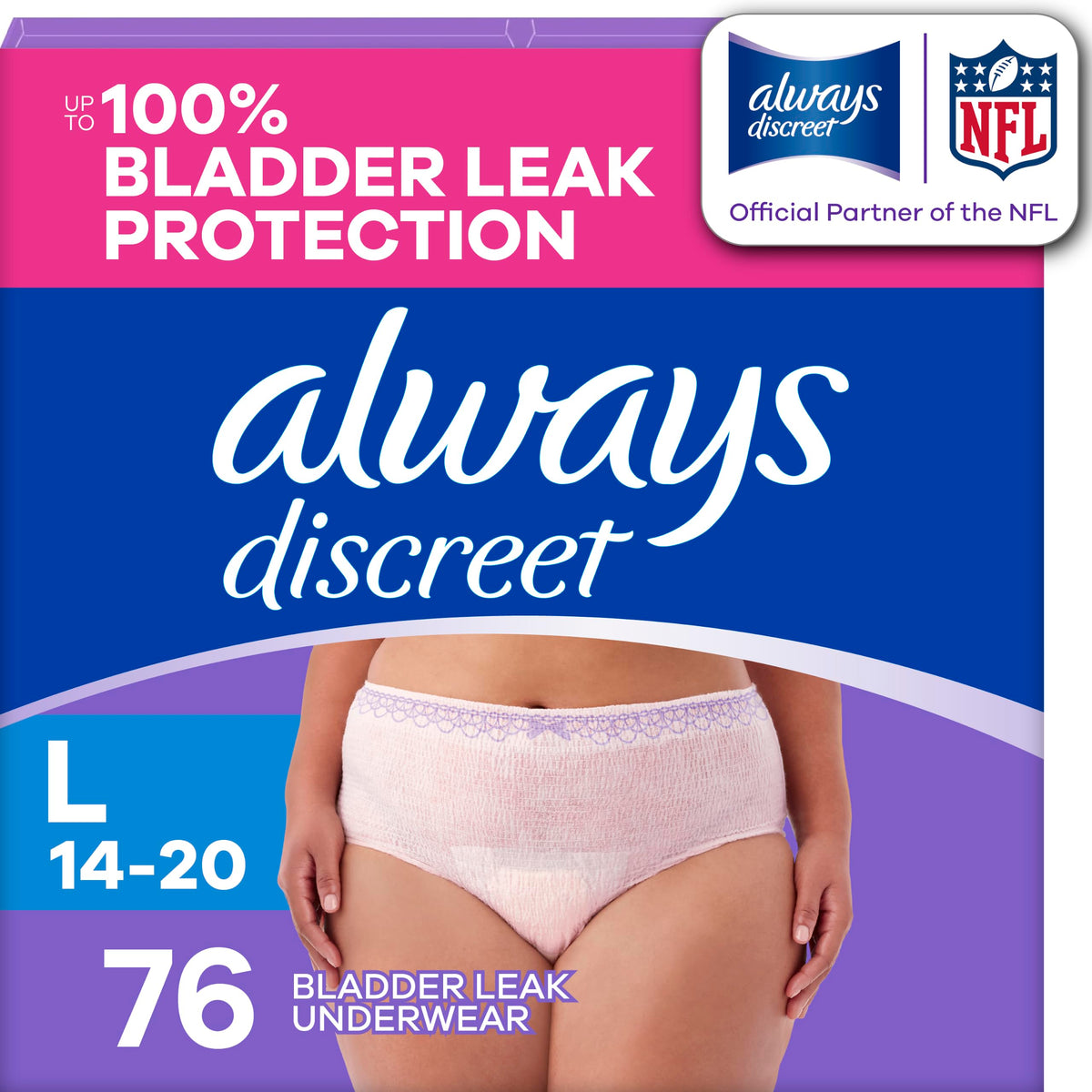 Always Discreet Adult Diapers for Women, Incontinence Underwear, Postpartum Essentials, Disposable Briefs, Max Absorbency, Bladder Leak Protection, Small/Medium, 32ct