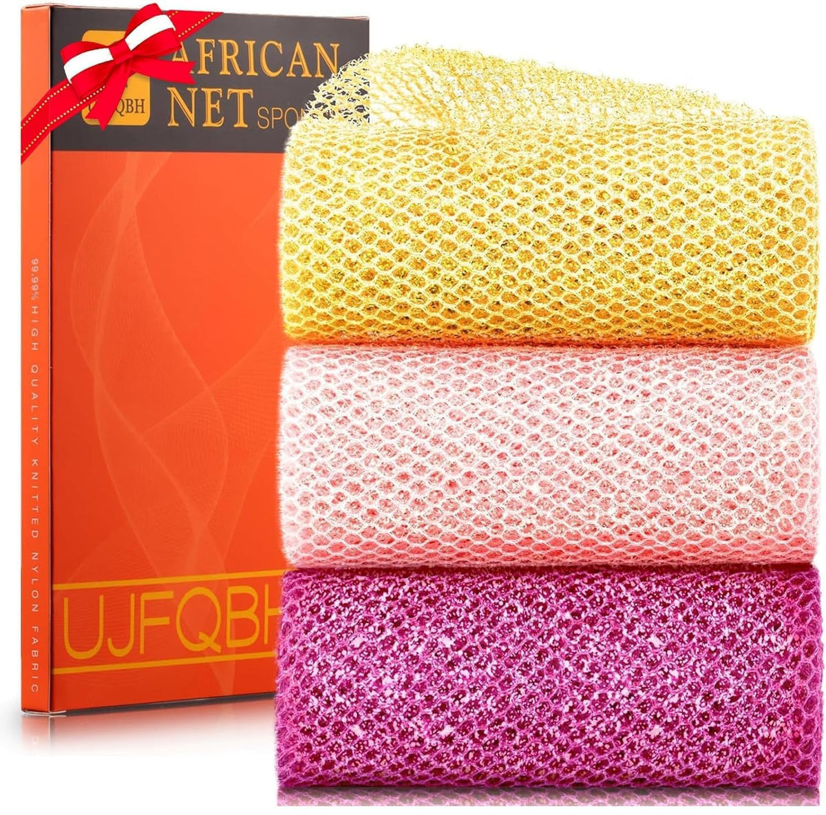 UJFQBH 3 Pack African Net Sponge, African Exfoliating Net Bath Sponge Long Net Bath Sponge Exfoliating Shower Body Scrubber Back Scrubber Skin Smoother,Great for Daily Use (Pink,Yellow,Purple)