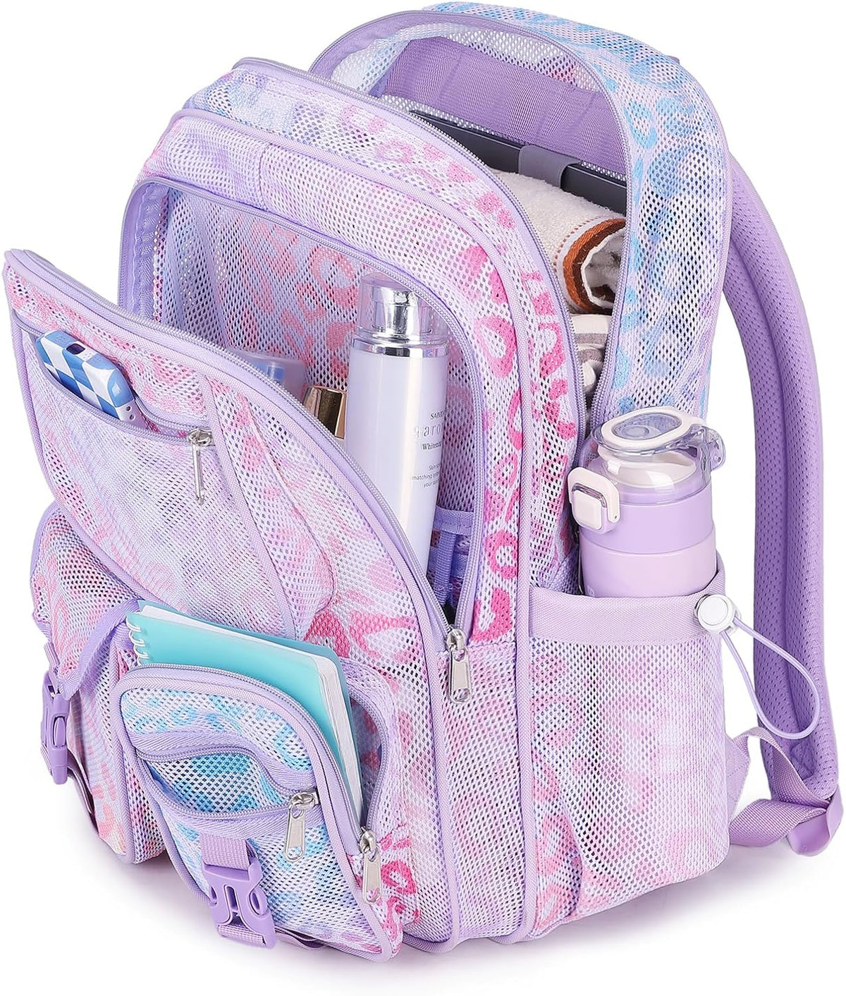 MOONBABY Mesh Backpack for School Heavy Duty See Through Net Bookbag Girls Boys Semi-Transparent Net Back Pack for Beach, Swimming, Sports, Work, Travel (Black)