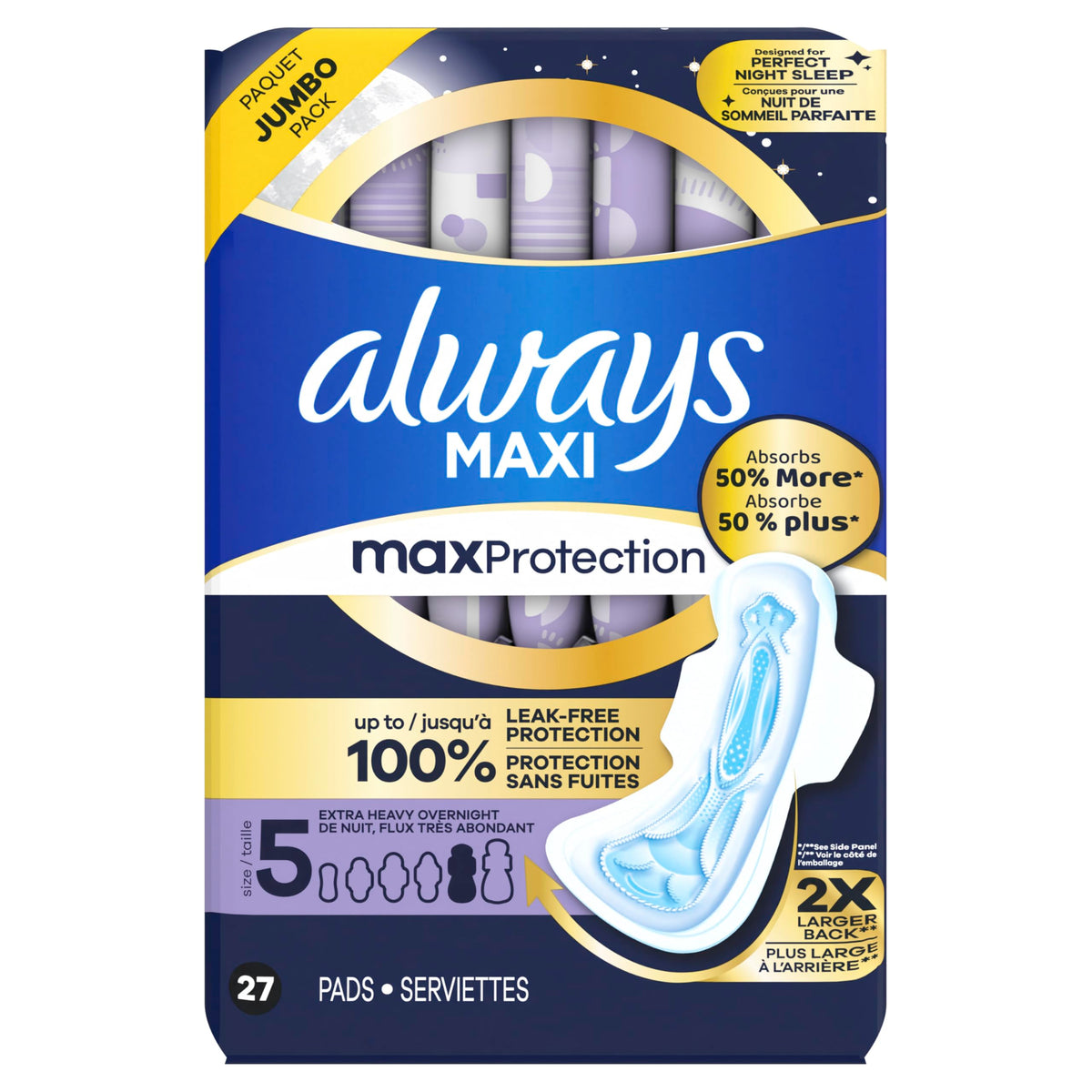 Always Maxi Overnight Pads with Wings for Women, Size 5, Extra Heavy Overnight Absorbency, Unscented, 36 Count