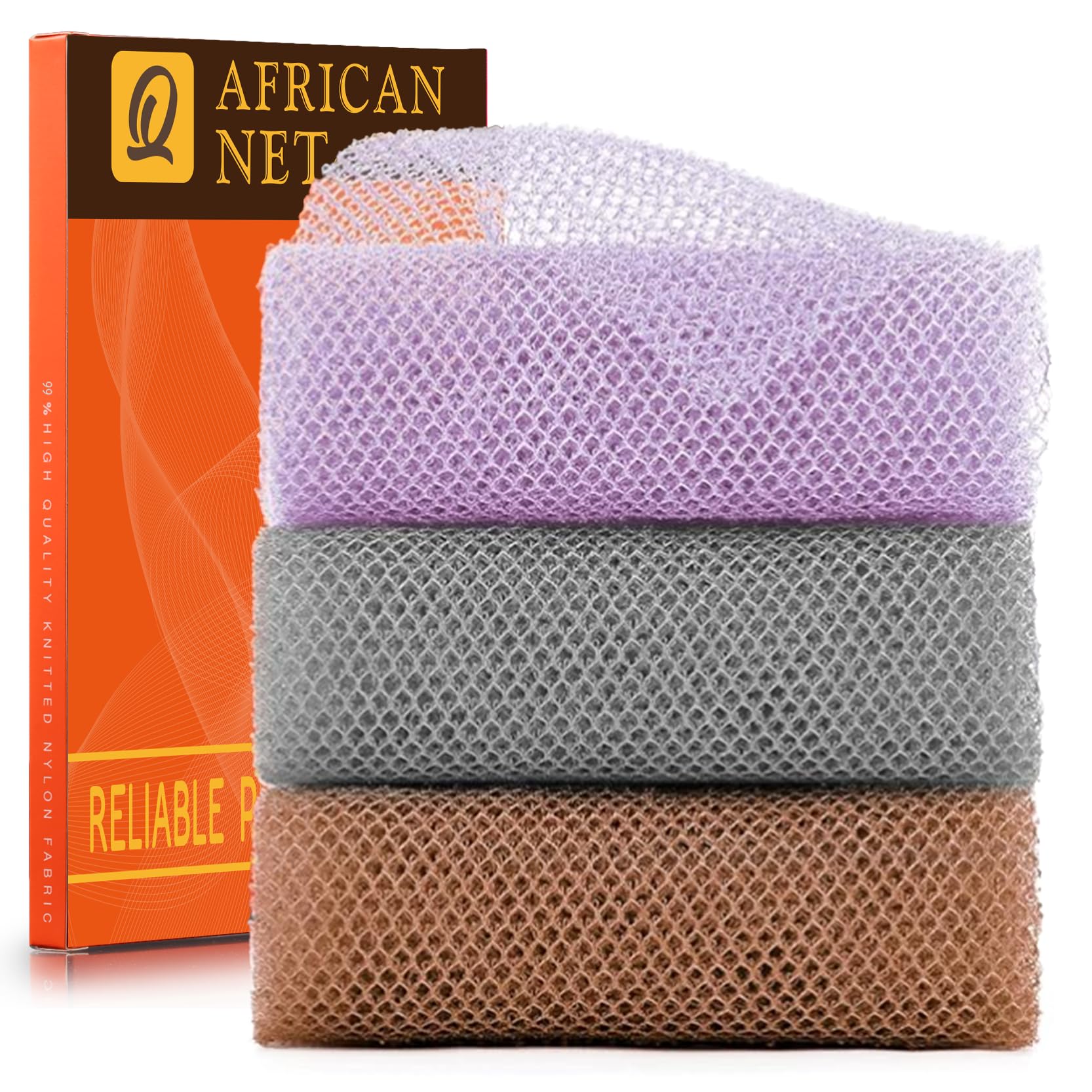 UJFQBH 3 Pack African Net Sponge, African Exfoliating Net Bath Sponge Long Net Bath Sponge Exfoliating Shower Body Scrubber Back Scrubber Skin Smoother,Great for Daily Use (Pink,Yellow,Purple)