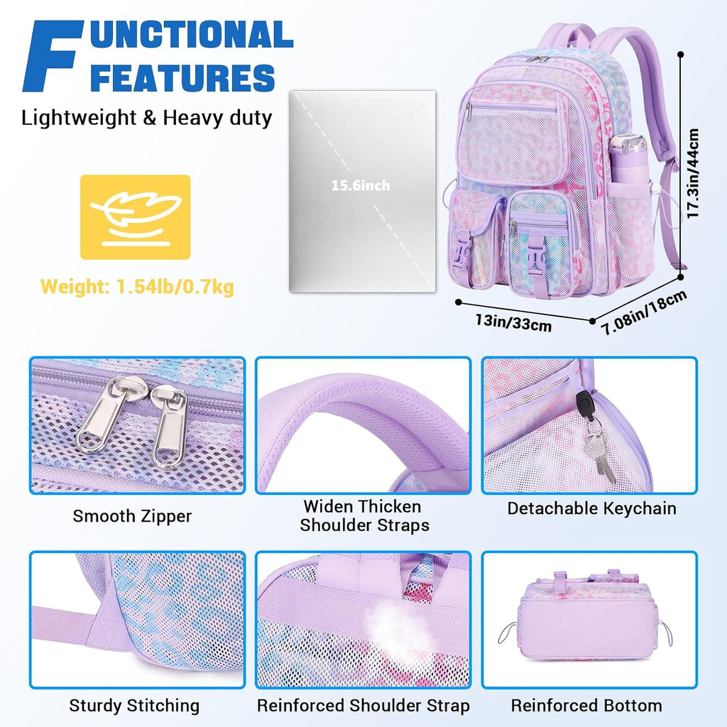 MOONBABY Mesh Backpack for School Heavy Duty See Through Net Bookbag Girls Boys Semi-Transparent Net Back Pack for Beach, Swimming, Sports, Work, Travel (Black)