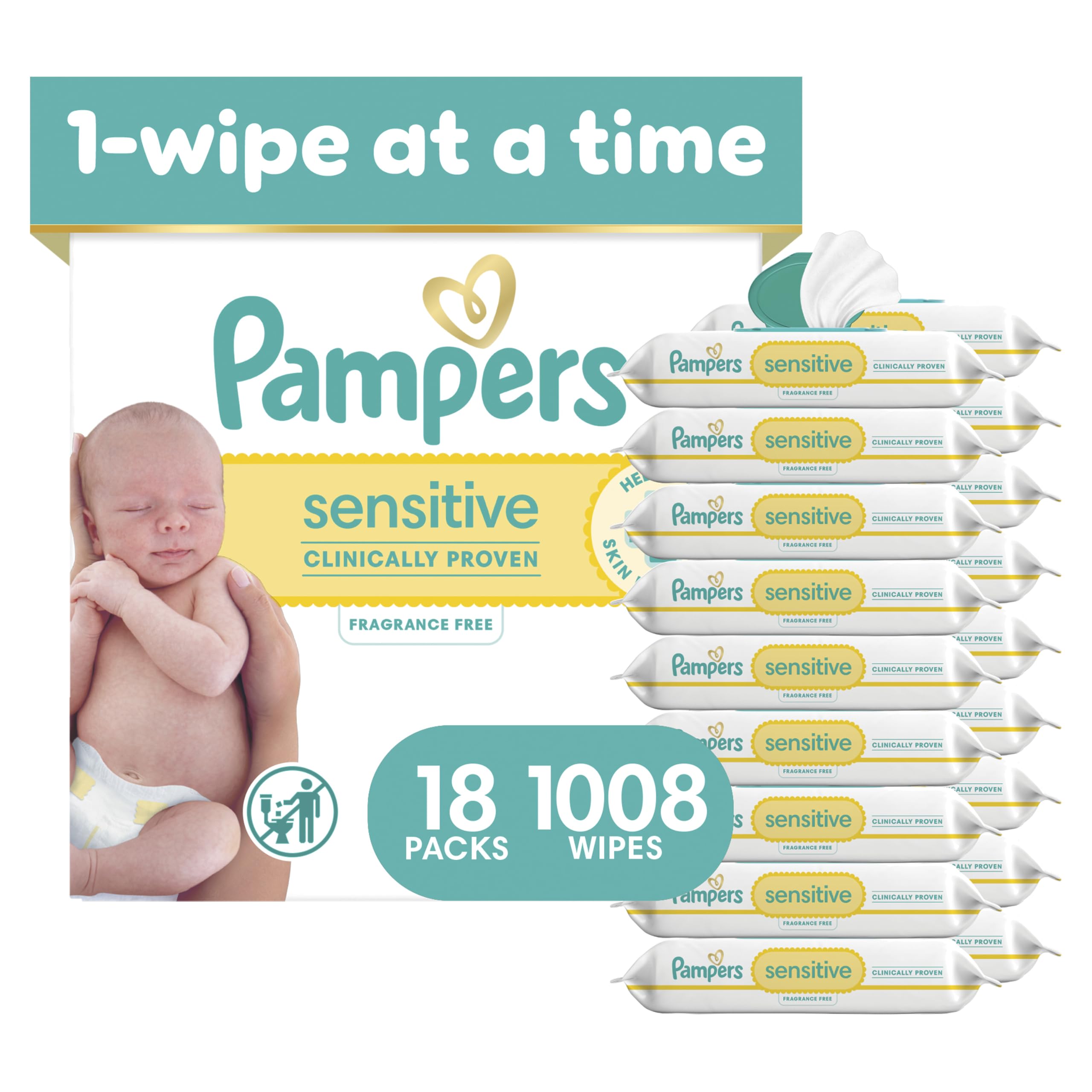 Pampers Sensitive Baby Wipes, Clinically Proven, Fragrance Free, Unscented, Water Based, Hypoallergenic, Multi-Use, Hand Wipes 504 Wipes Total (6X Flip-Top Packs) [Packaging May Vary]