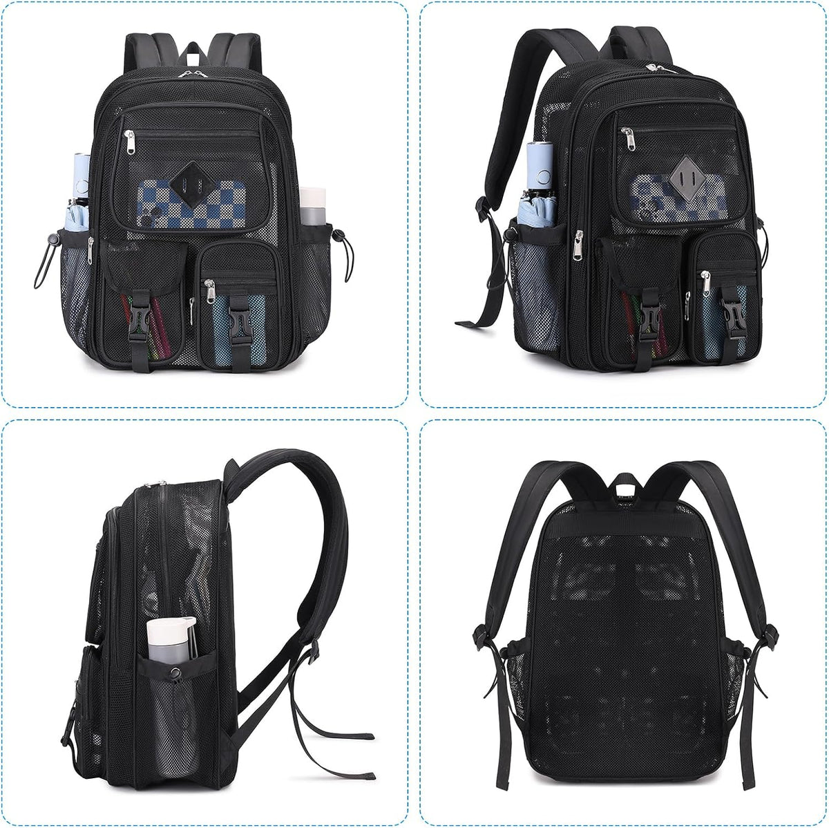 MOONBABY Mesh Backpack for School Heavy Duty See Through Net Bookbag Girls Boys Semi-Transparent Net Back Pack for Beach, Swimming, Sports, Work, Travel (Black)