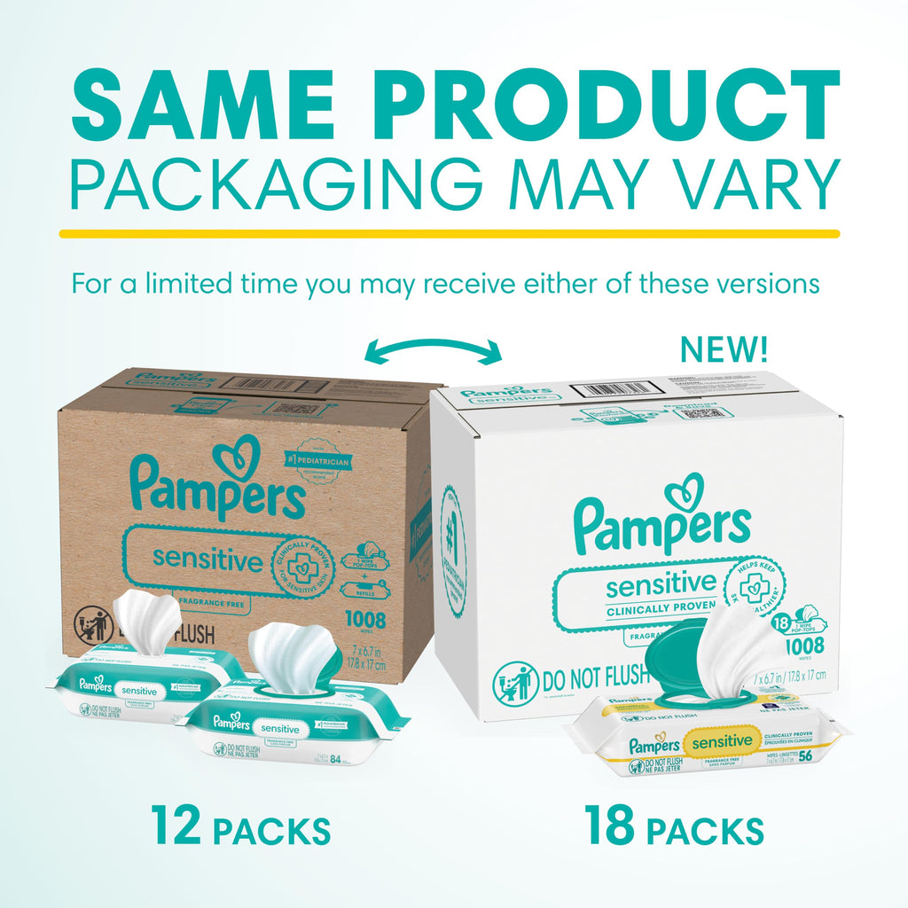 Pampers Sensitive Baby Wipes, Clinically Proven, Fragrance Free, Unscented, Water Based, Hypoallergenic, Multi-Use, Hand Wipes 504 Wipes Total (6X Flip-Top Packs) [Packaging May Vary]