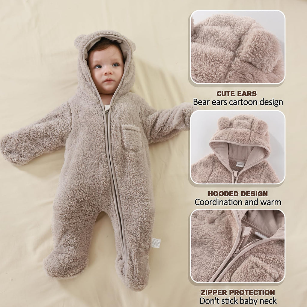 AiWMGL Newborn Baby Bear Outfit With Fold-Over Mittens and Footies Girls Boys Winter Fleece Clothes Hooded Romper Snowsuit