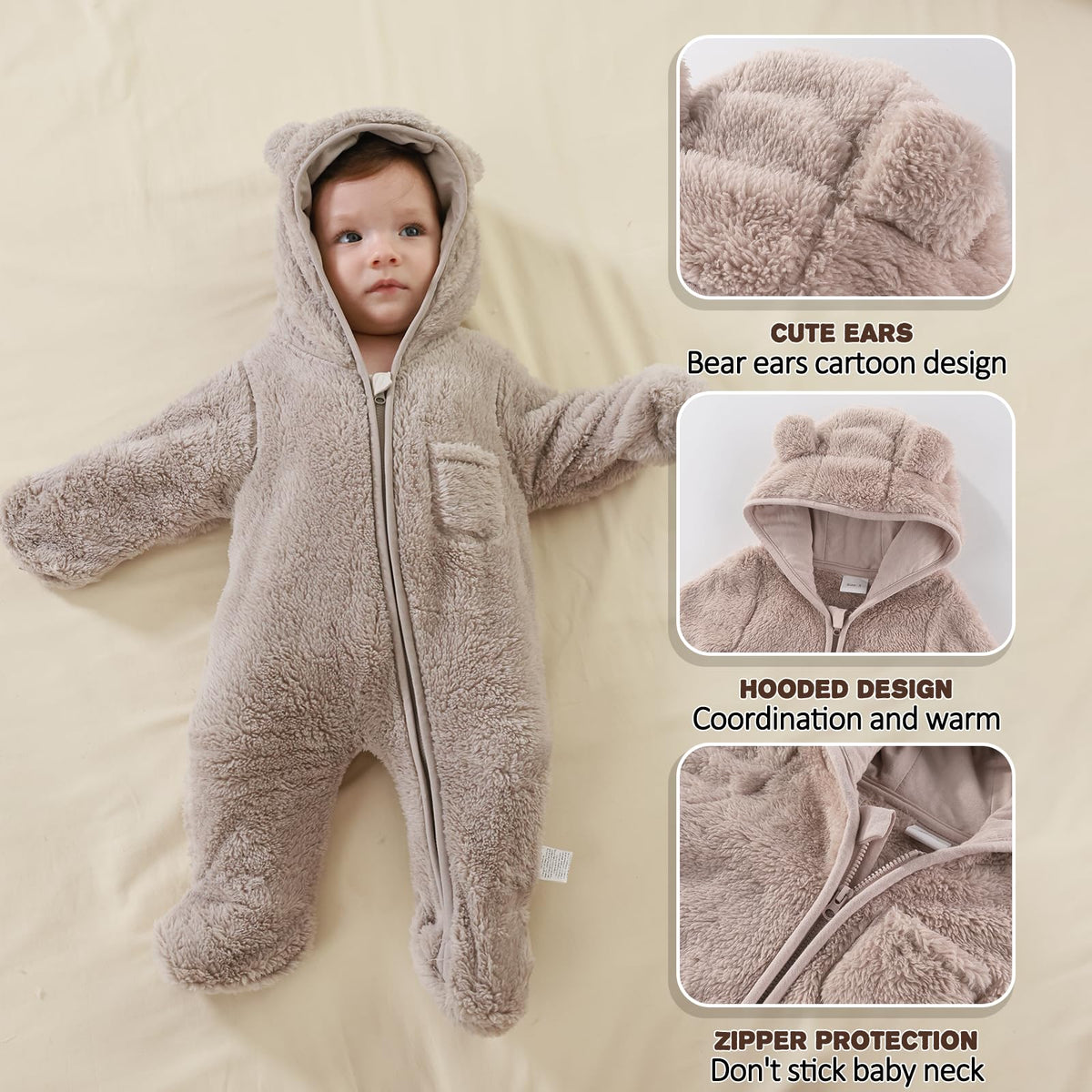 AiWMGL Newborn Baby Bear Outfit With Fold-Over Mittens and Footies Girls Boys Winter Fleece Clothes Hooded Romper Snowsuit