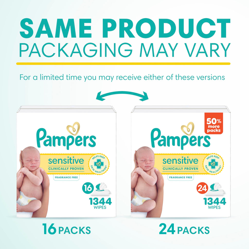Pampers Sensitive Baby Wipes, Clinically Proven, Fragrance Free, Unscented, Water Based, Hypoallergenic, Multi-Use, Hand Wipes 504 Wipes Total (6X Flip-Top Packs) [Packaging May Vary]