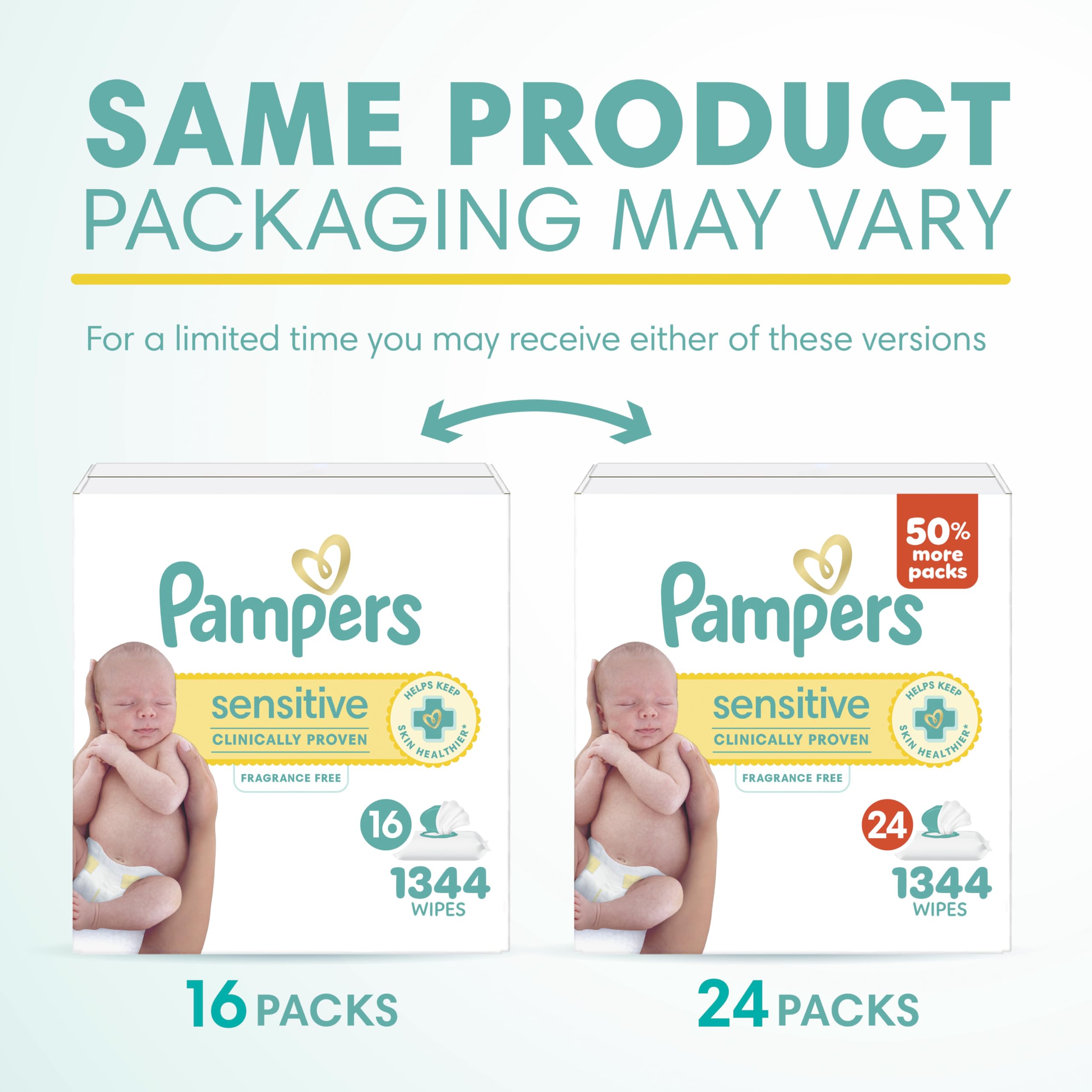 Pampers Sensitive Baby Wipes, Clinically Proven, Fragrance Free, Unscented, Water Based, Hypoallergenic, Multi-Use, Hand Wipes 504 Wipes Total (6X Flip-Top Packs) [Packaging May Vary]