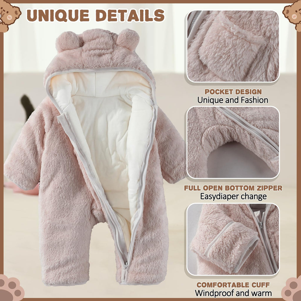 AiWMGL Newborn Baby Bear Outfit With Fold-Over Mittens and Footies Girls Boys Winter Fleece Clothes Hooded Romper Snowsuit