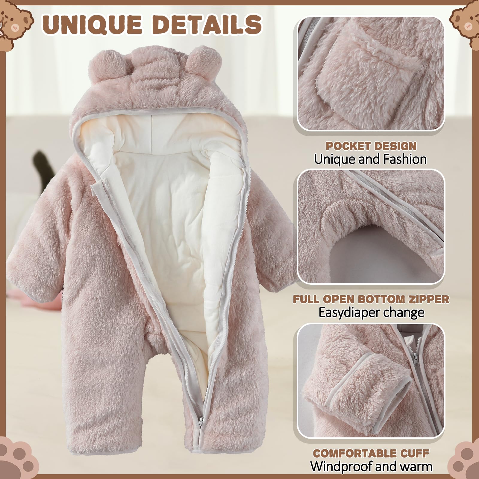 AiWMGL Newborn Baby Bear Outfit With Fold-Over Mittens and Footies Girls Boys Winter Fleece Clothes Hooded Romper Snowsuit
