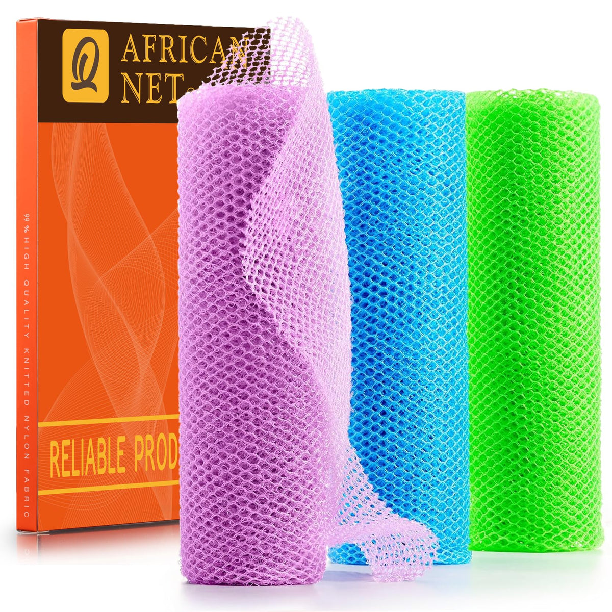UJFQBH 3 Pack African Net Sponge, African Exfoliating Net Bath Sponge Long Net Bath Sponge Exfoliating Shower Body Scrubber Back Scrubber Skin Smoother,Great for Daily Use (Pink,Yellow,Purple)