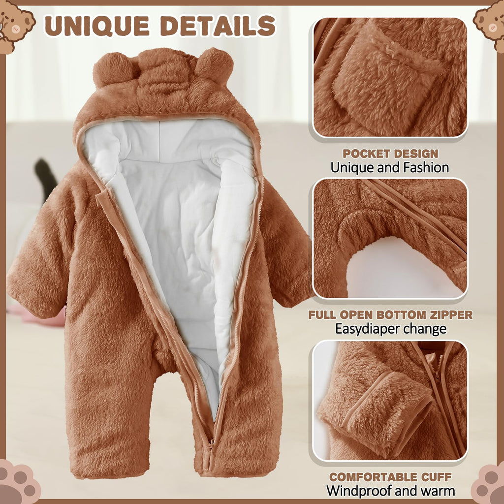 AiWMGL Newborn Baby Bear Outfit With Fold-Over Mittens and Footies Girls Boys Winter Fleece Clothes Hooded Romper Snowsuit