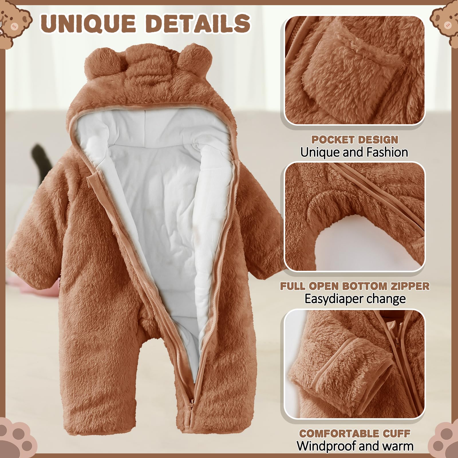 AiWMGL Newborn Baby Bear Outfit With Fold-Over Mittens and Footies Girls Boys Winter Fleece Clothes Hooded Romper Snowsuit