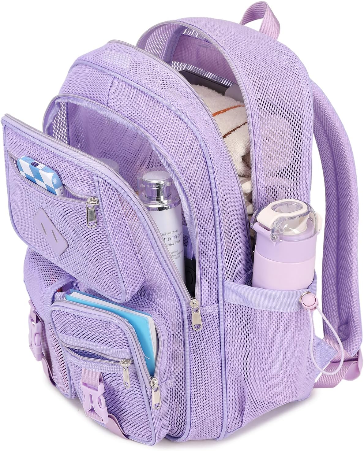 MOONBABY Mesh Backpack for School Heavy Duty See Through Net Bookbag Girls Boys Semi-Transparent Net Back Pack for Beach, Swimming, Sports, Work, Travel (Black)