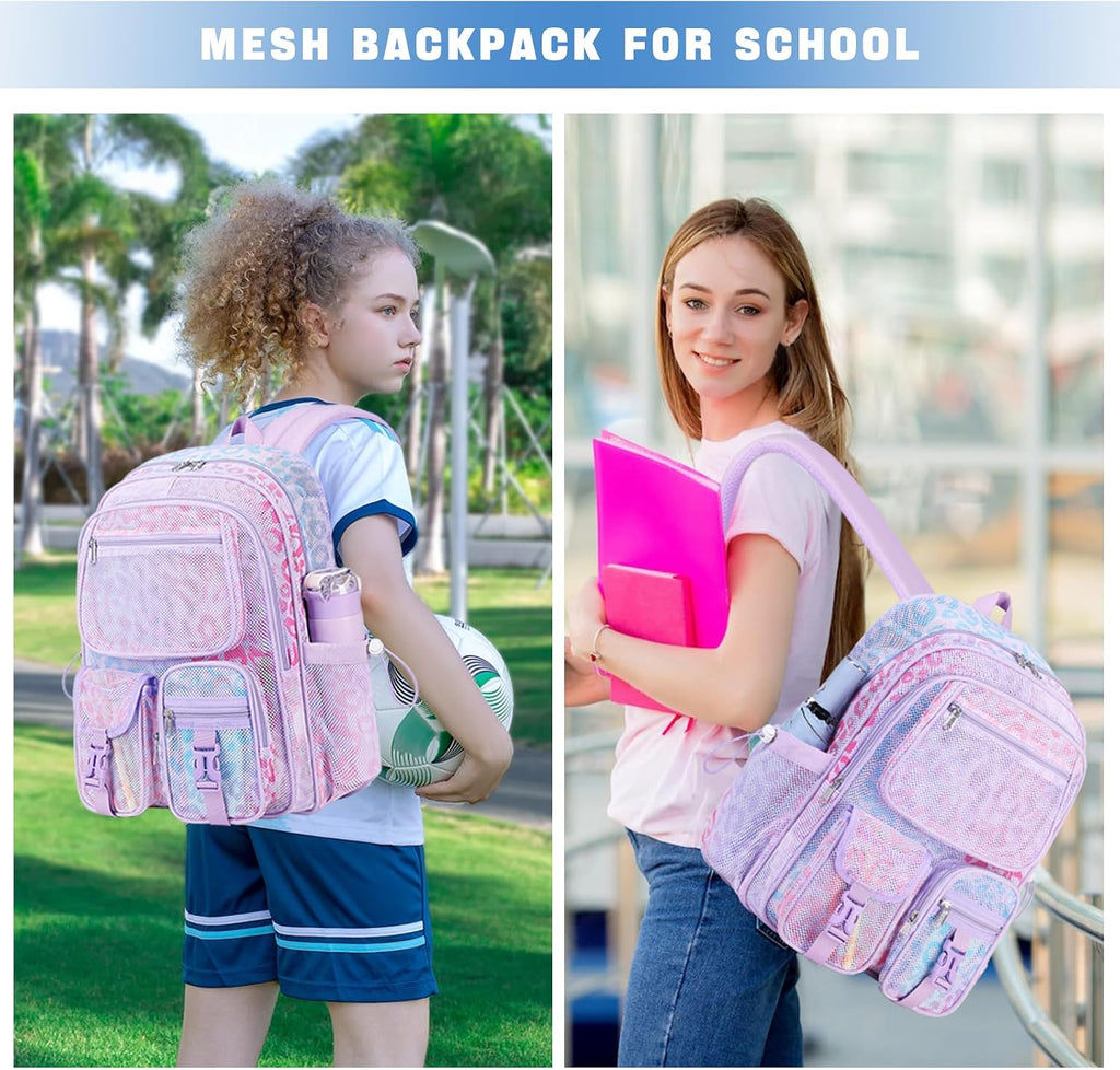 MOONBABY Mesh Backpack for School Heavy Duty See Through Net Bookbag Girls Boys Semi-Transparent Net Back Pack for Beach, Swimming, Sports, Work, Travel (Black)