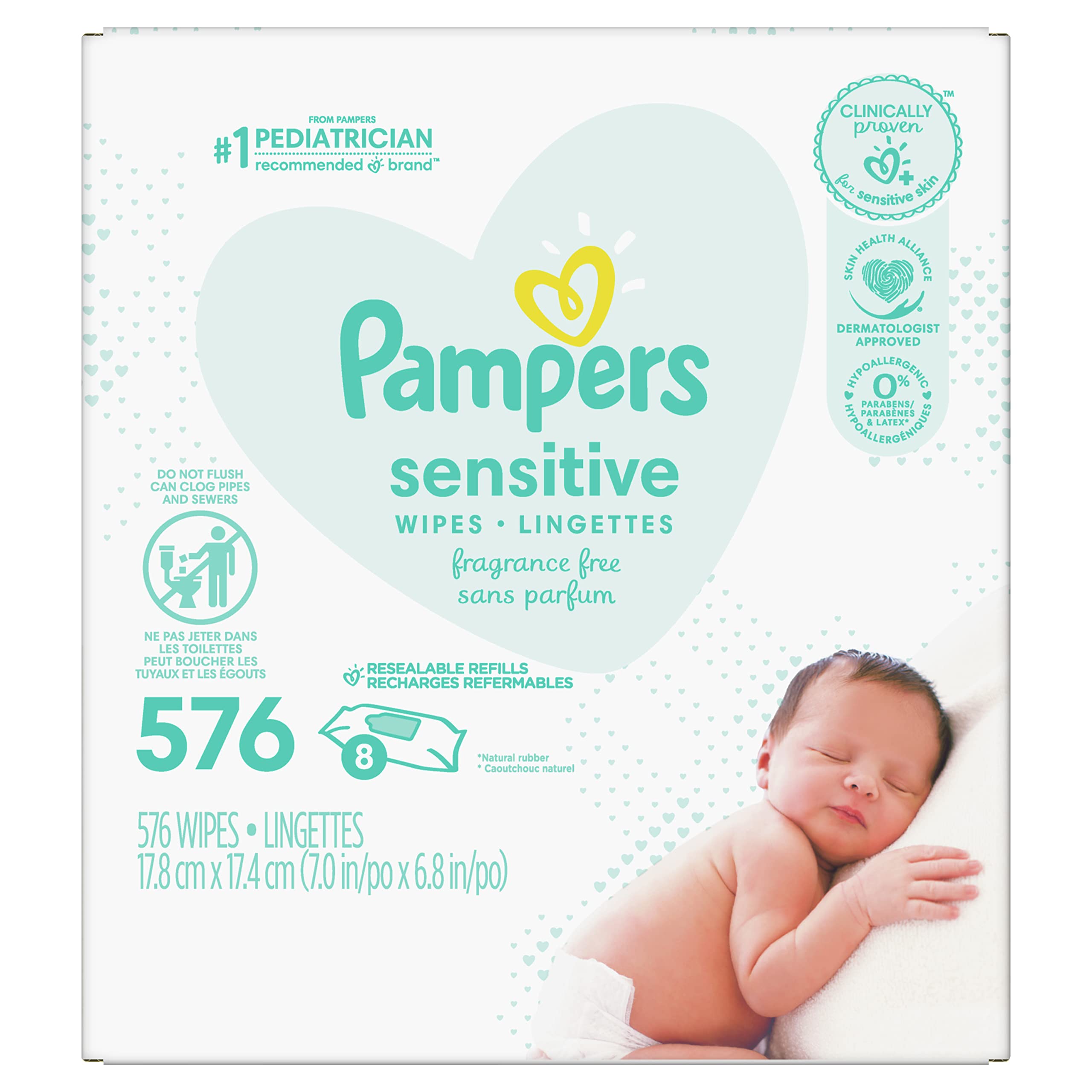 Pampers Sensitive Baby Wipes, Clinically Proven, Fragrance Free, Unscented, Water Based, Hypoallergenic, Multi-Use, Hand Wipes 504 Wipes Total (6X Flip-Top Packs) [Packaging May Vary]