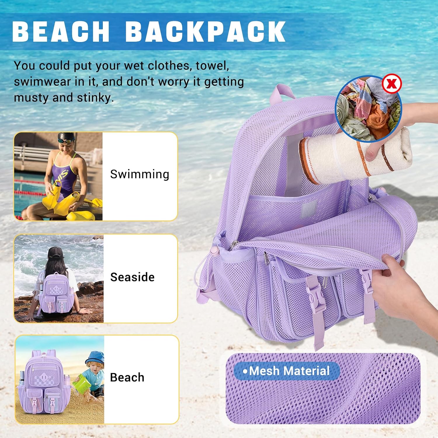 MOONBABY Mesh Backpack for School Heavy Duty See Through Net Bookbag Girls Boys Semi-Transparent Net Back Pack for Beach, Swimming, Sports, Work, Travel (Black)