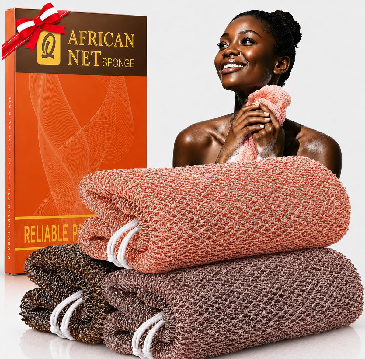 UJFQBH 3 Pack African Net Sponge, African Exfoliating Net Bath Sponge Long Net Bath Sponge Exfoliating Shower Body Scrubber Back Scrubber Skin Smoother,Great for Daily Use (Pink,Yellow,Purple)