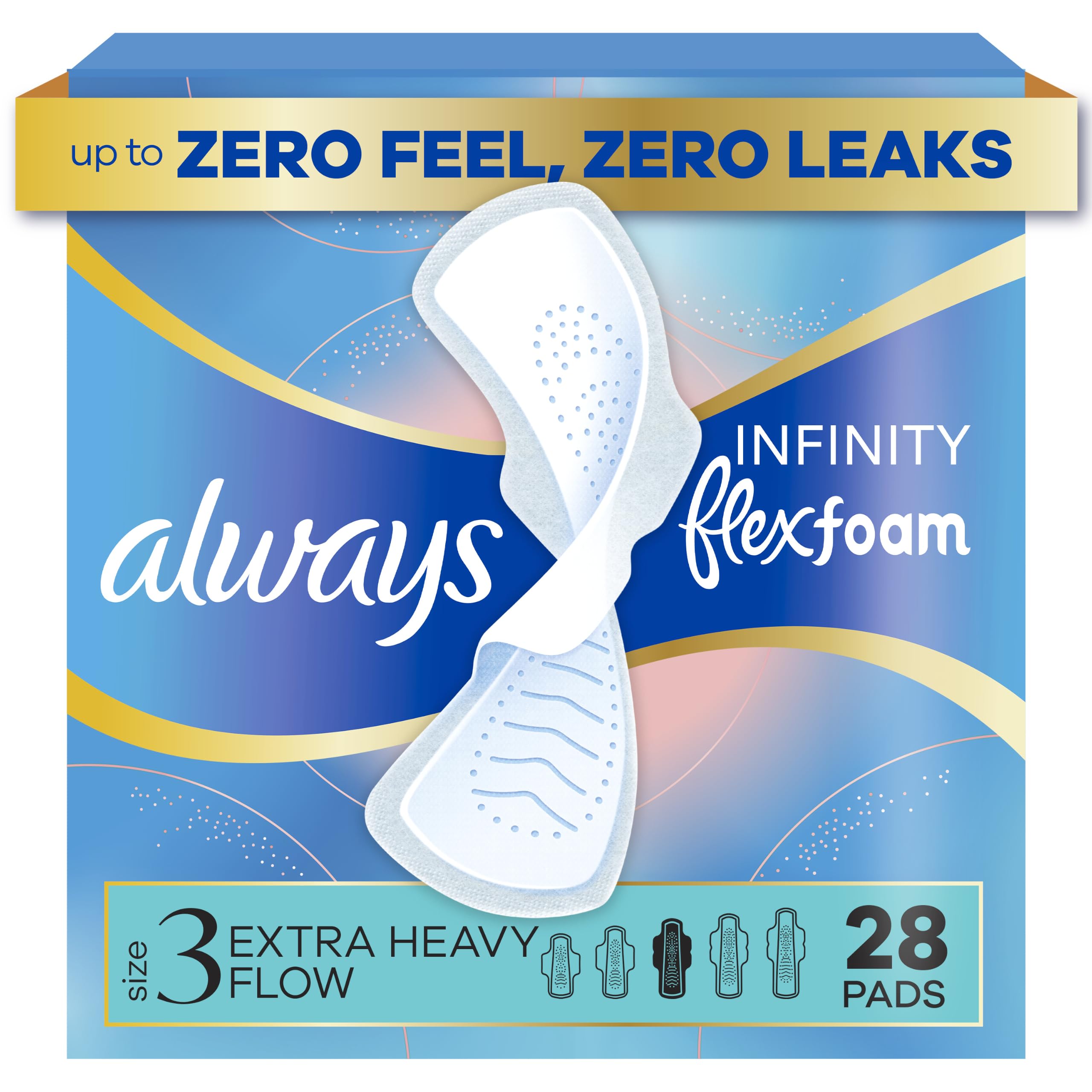 Always Infinity Feminine Pads for Women, Flexfoam Pads with Wings, Size 3, Extra Heavy Absorbency, Unscented, 84 Count (3 Packs of 28)
