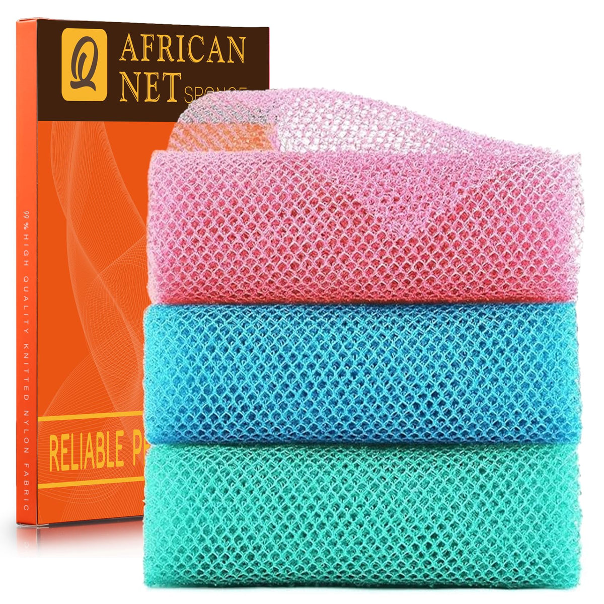 UJFQBH 3 Pack African Net Sponge, African Exfoliating Net Bath Sponge Long Net Bath Sponge Exfoliating Shower Body Scrubber Back Scrubber Skin Smoother,Great for Daily Use (Pink,Yellow,Purple)