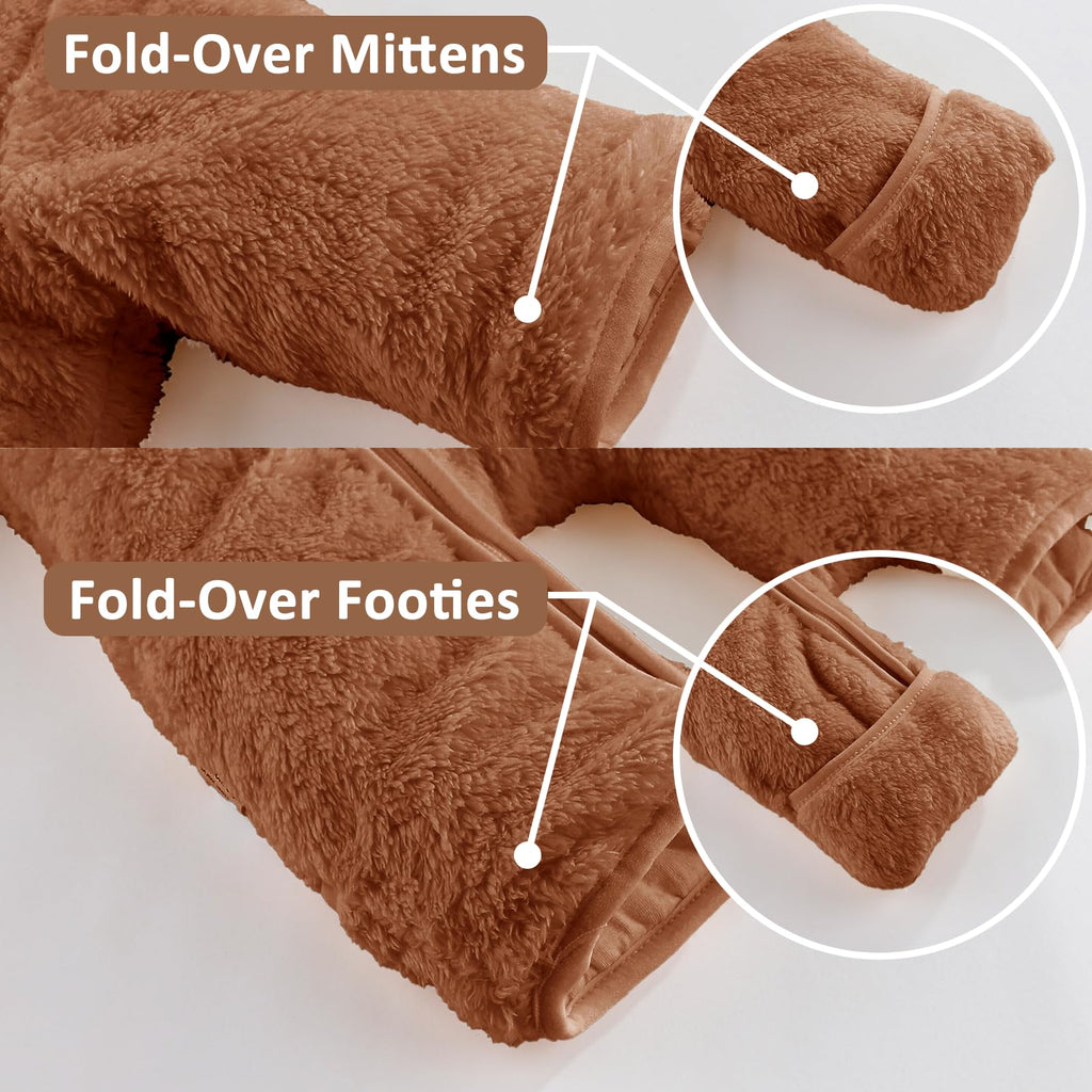 AiWMGL Newborn Baby Bear Outfit With Fold-Over Mittens and Footies Girls Boys Winter Fleece Clothes Hooded Romper Snowsuit